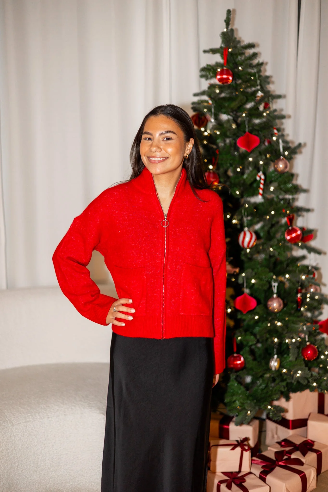 Sia Ras Ls Knit Zipper Cardigan Equestrian Red Melange - Image 5