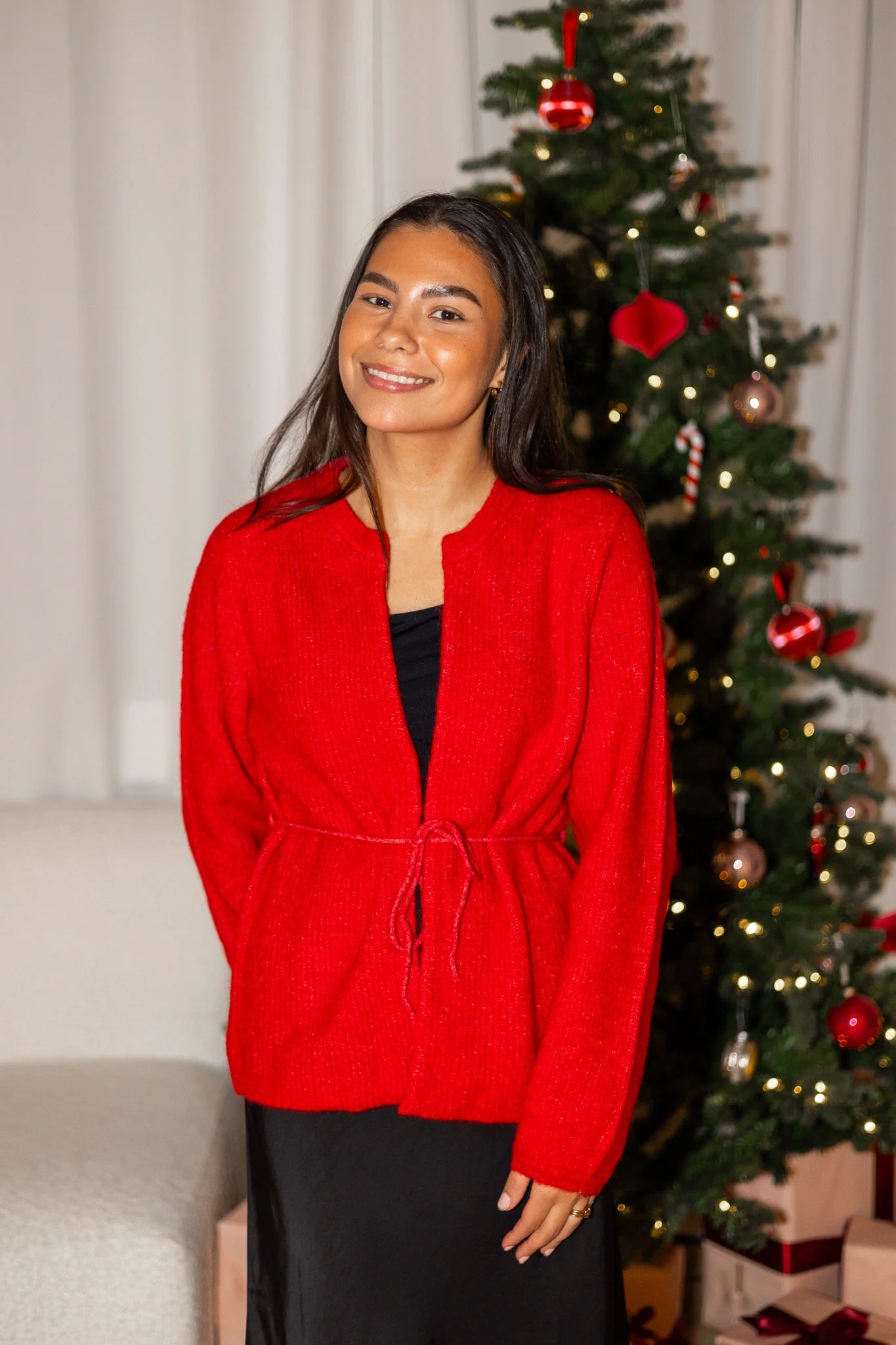 Sia Ras Ls Knit Belt Cardigan Equestrian Red Melange - Image 3