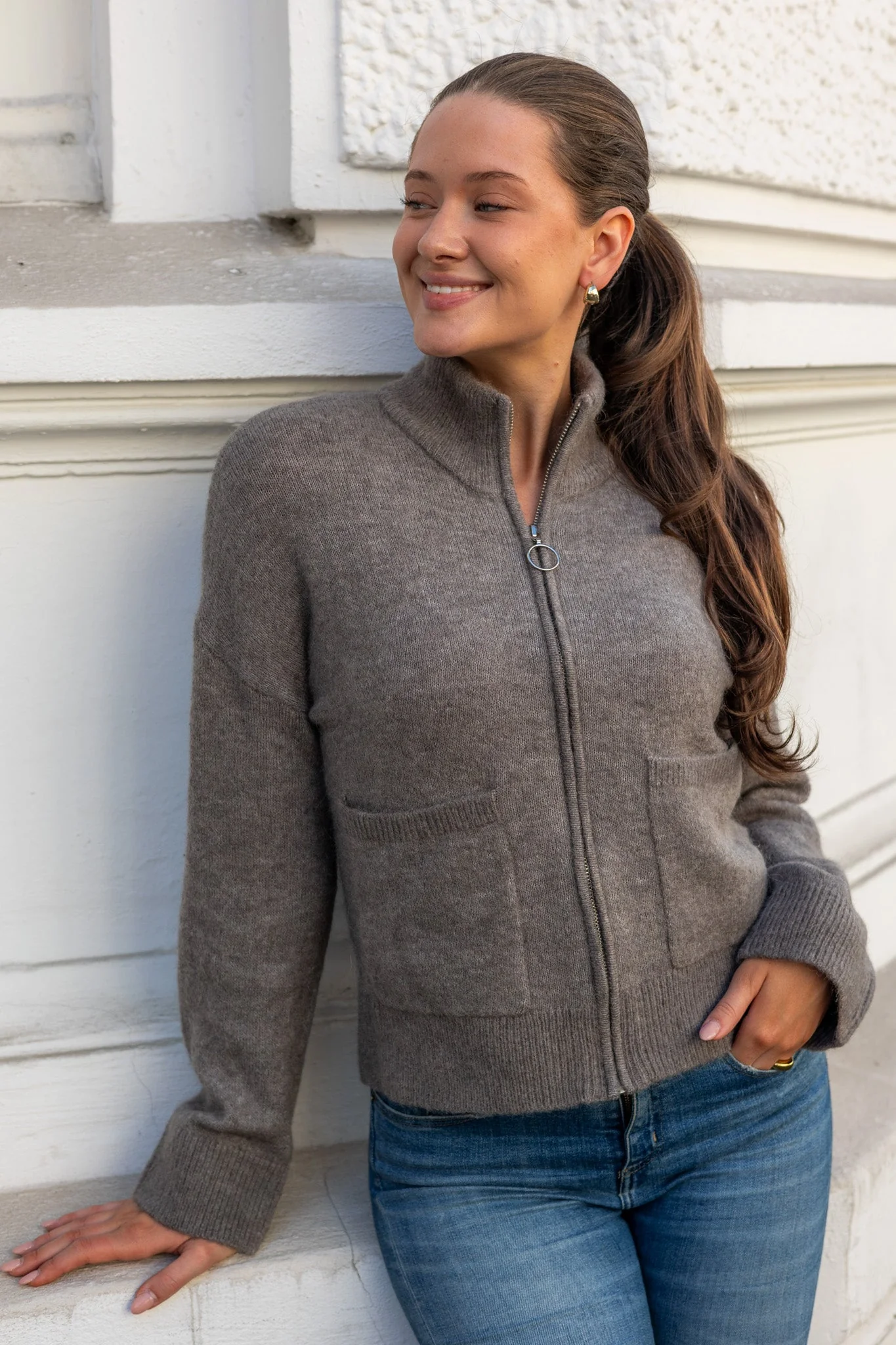 Sia Ras Ls Knit Zipper Cardigan Steel Gray Melange