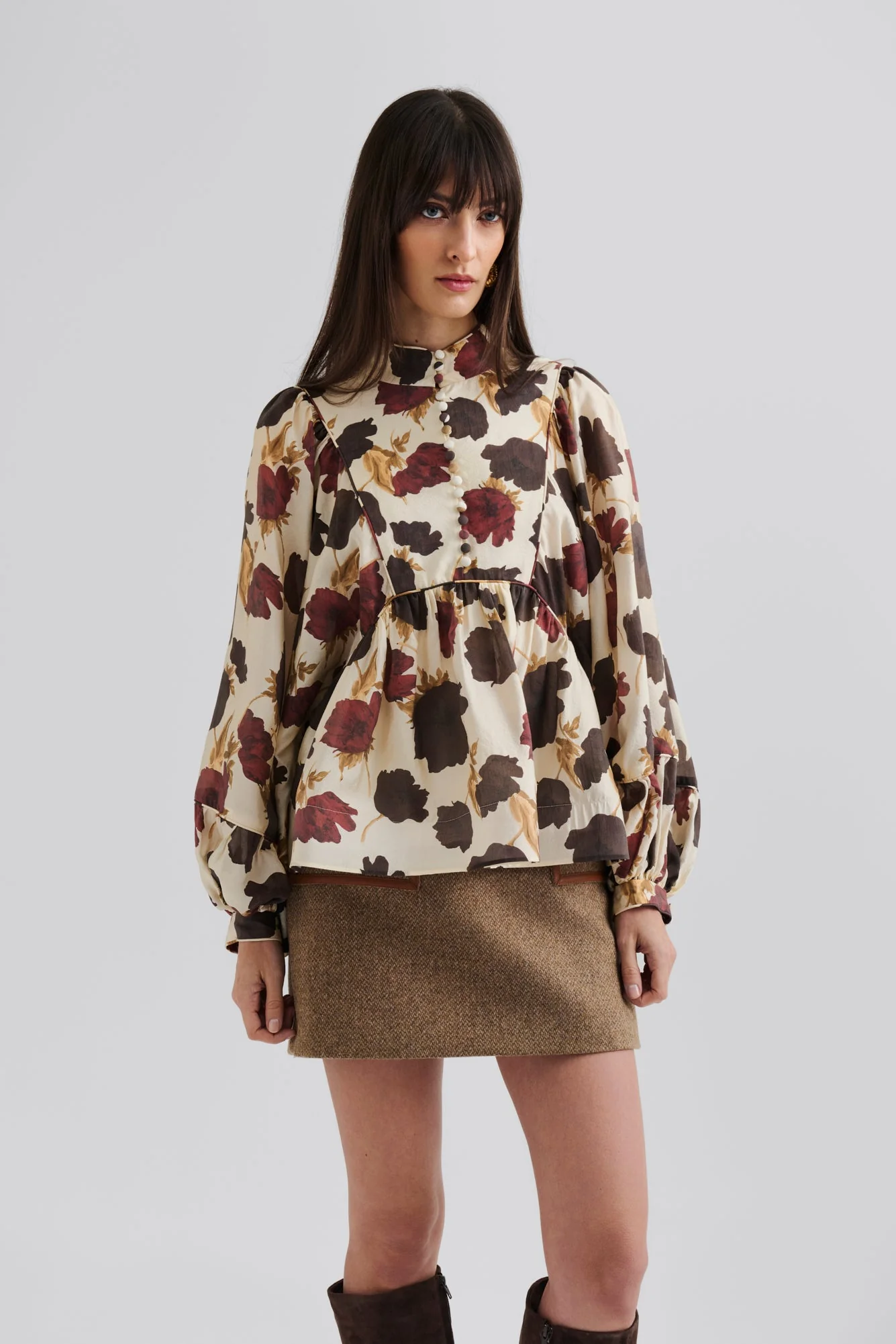 Pernilla High Neck Balloon Sleeve Blouse Wine Peony - Image 2