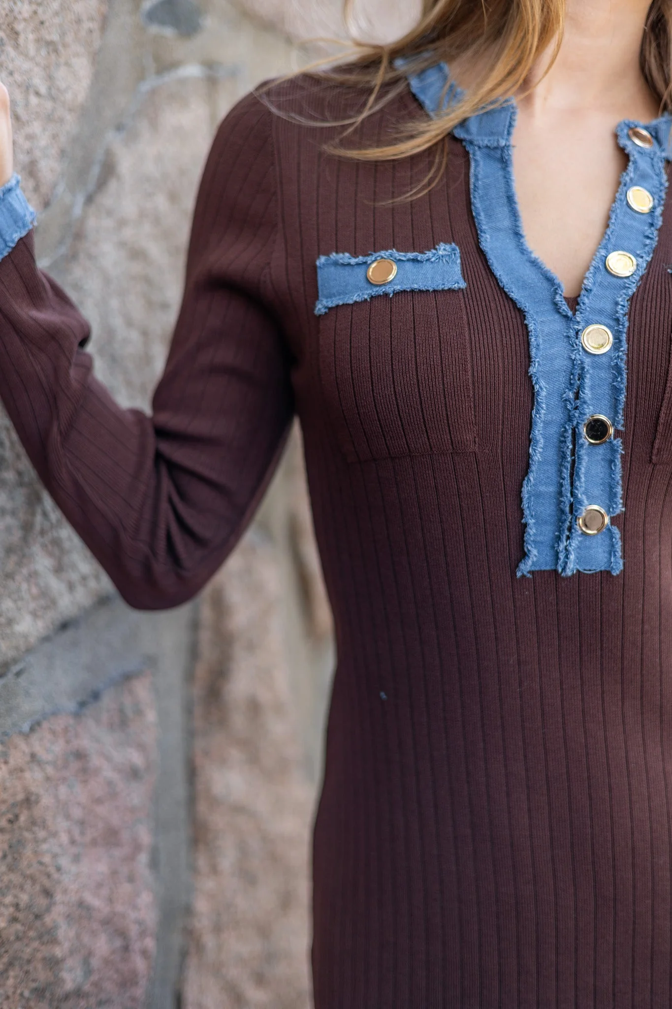 Jersey Dress with Jeans Details Choco - Image 4