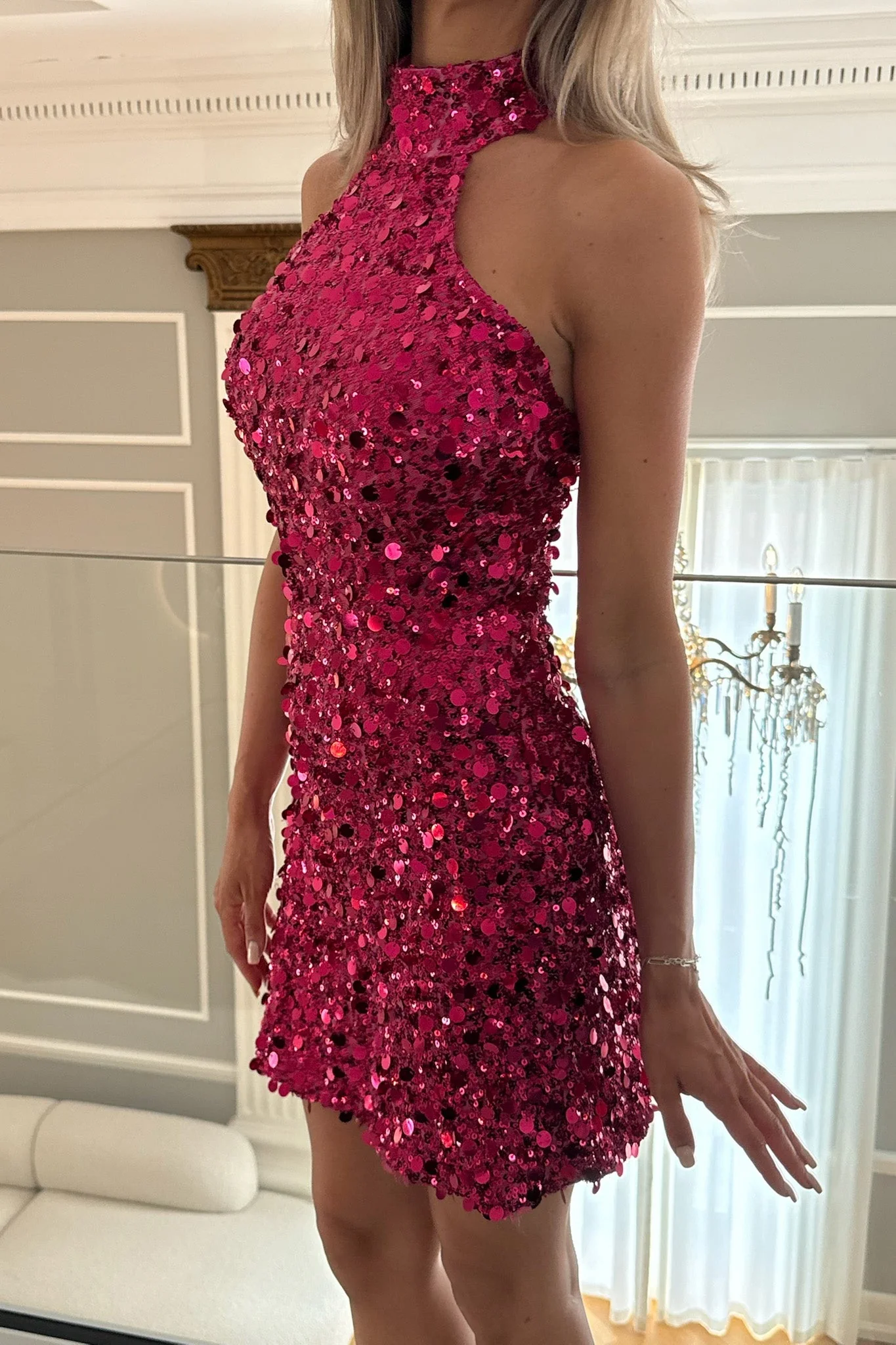 Emily Mini Dress Fuchsia Pink Sequin - Image 10