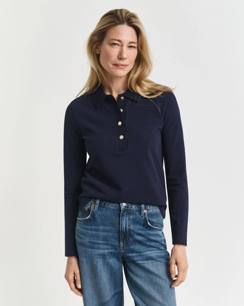 Long Sleeve Piqué Polo Shirt Evening Blue - Image 3