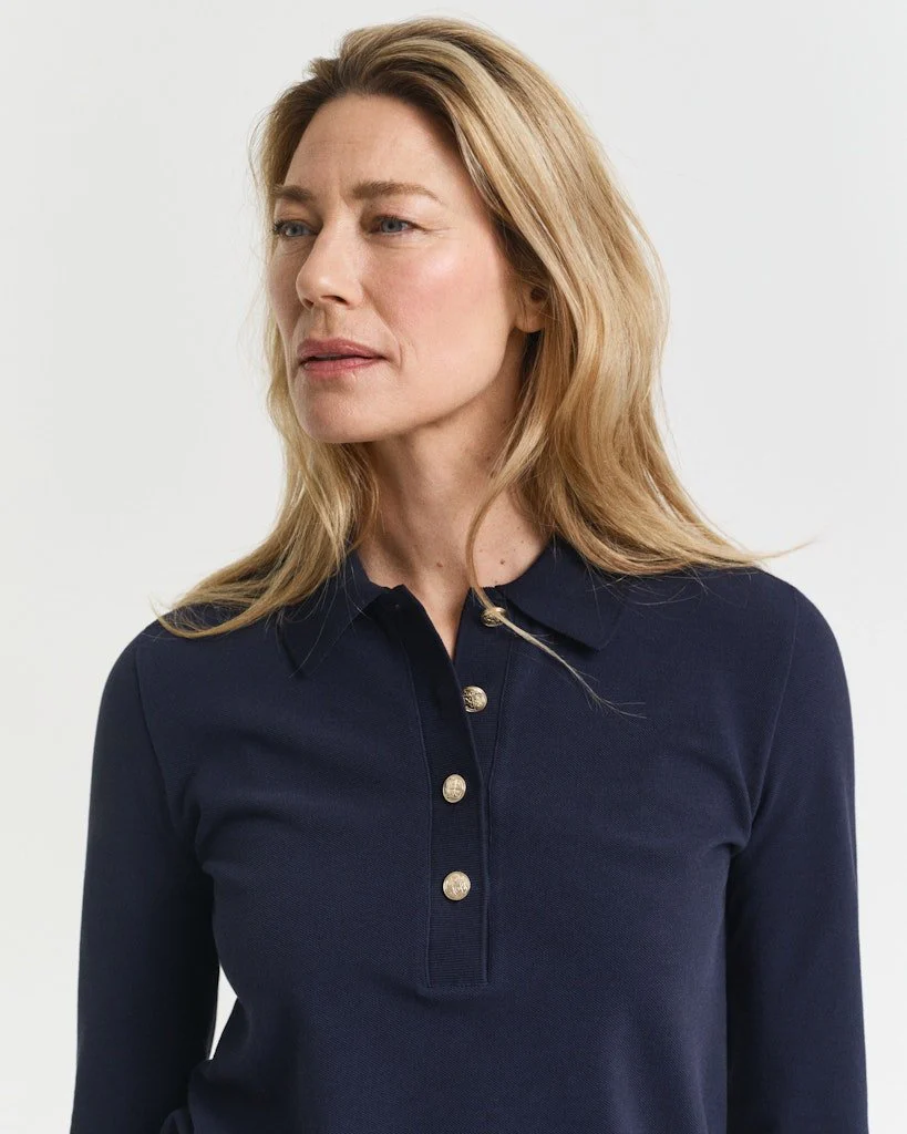 Long Sleeve Piqué Polo Shirt Evening Blue - Image 4