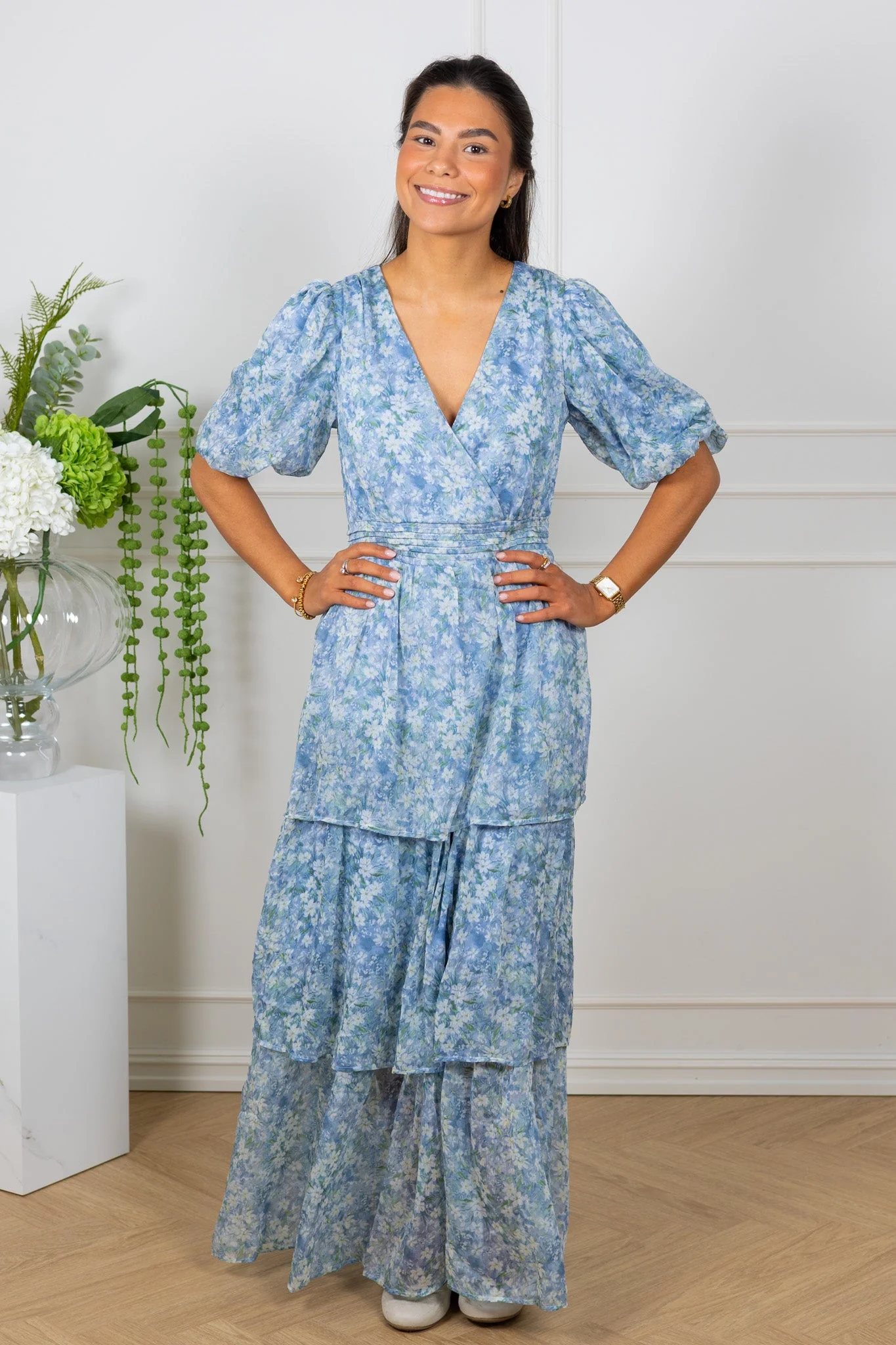 Florella Sleeve Dress Blue/Off White