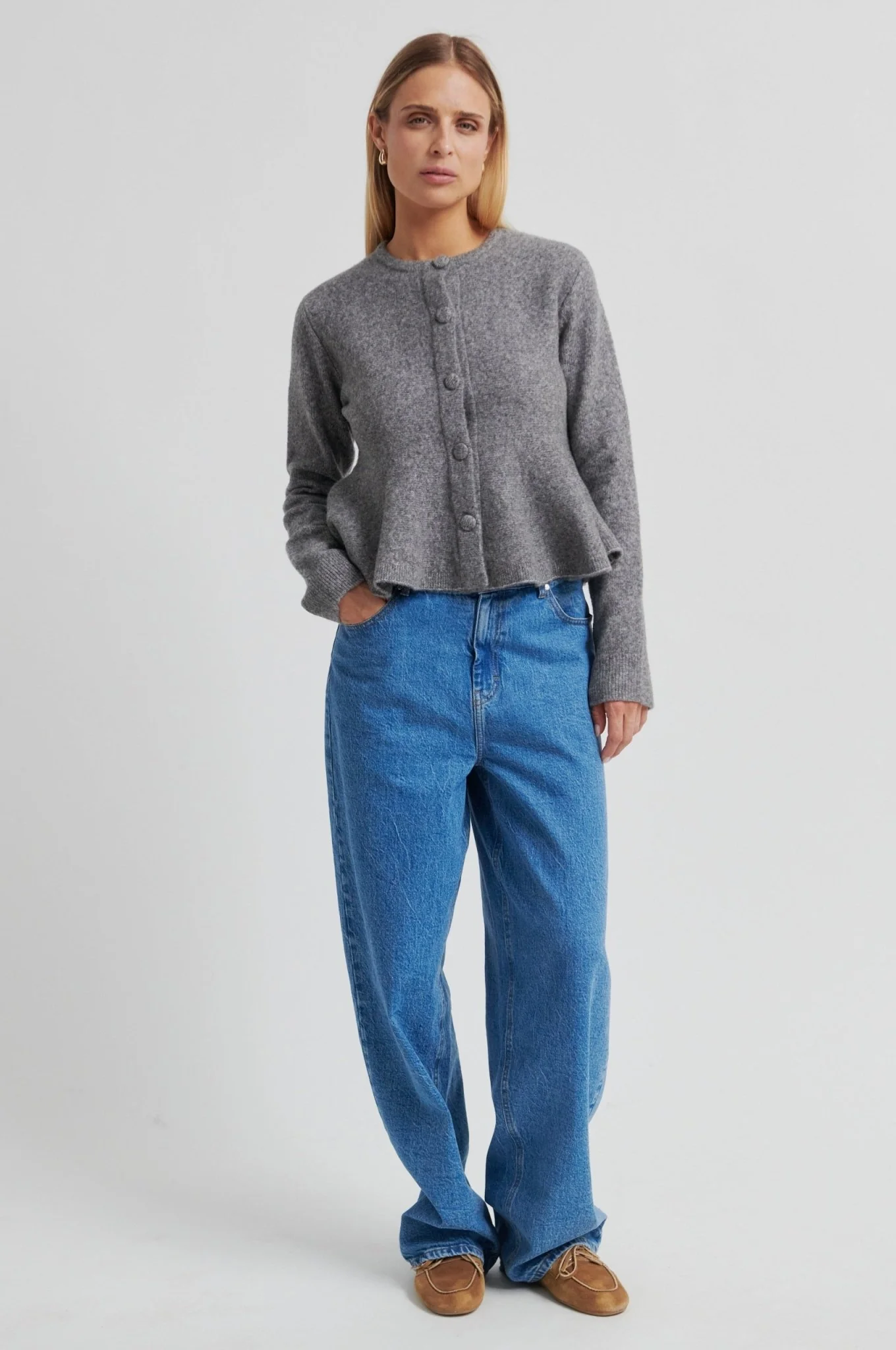 Hiva Peplum Knit Cardigan Mid Grey Melange - Image 10