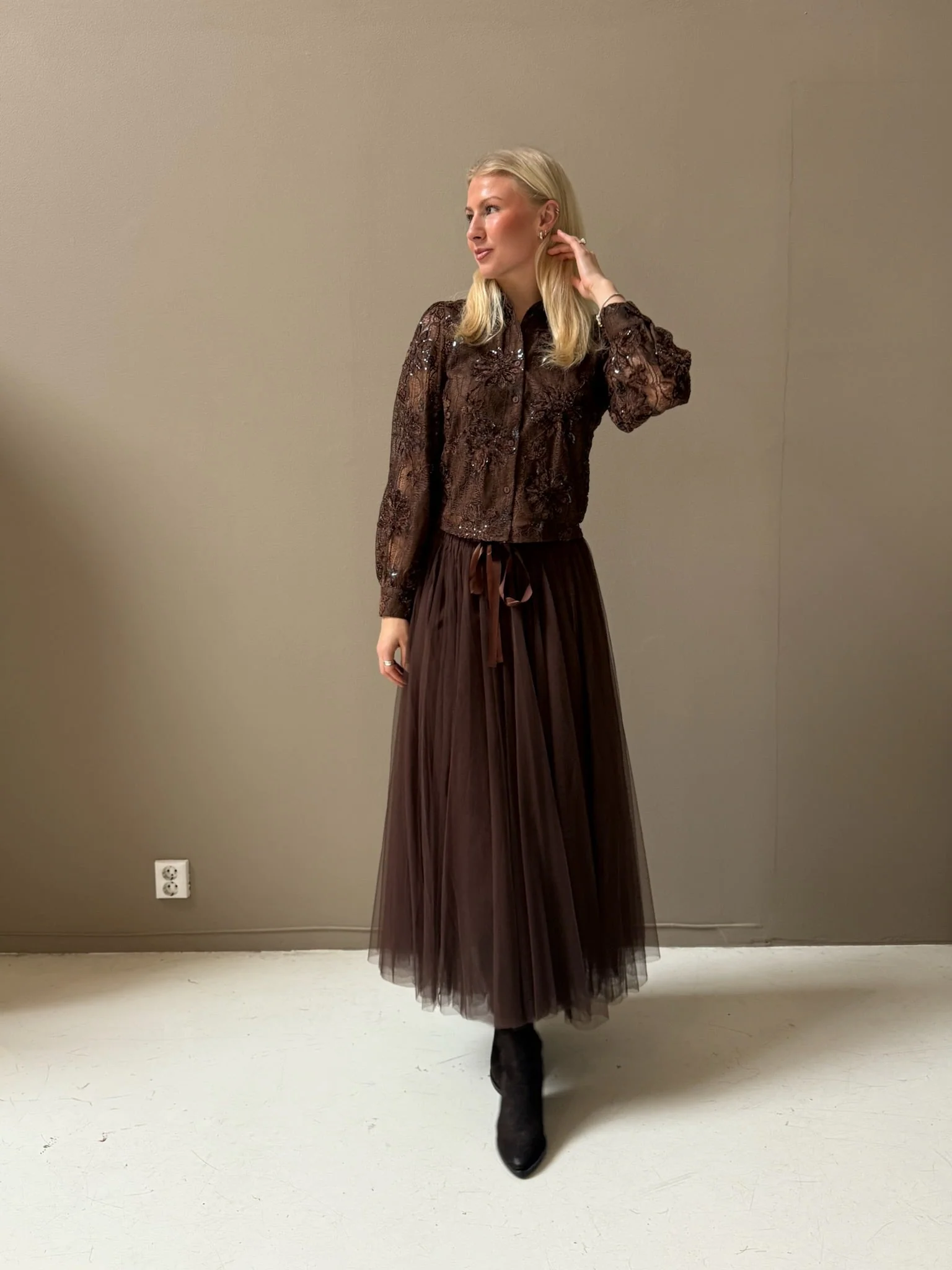 Long Tulle Skirt Brown