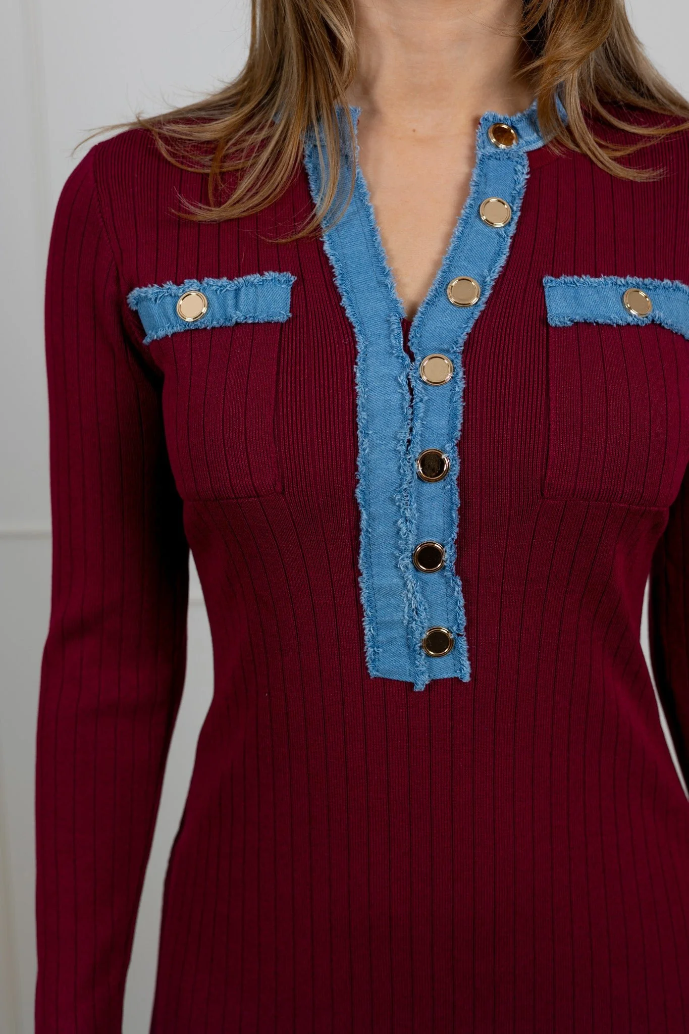 Jersey Dress with Jeans Details Bordeaux - Image 4