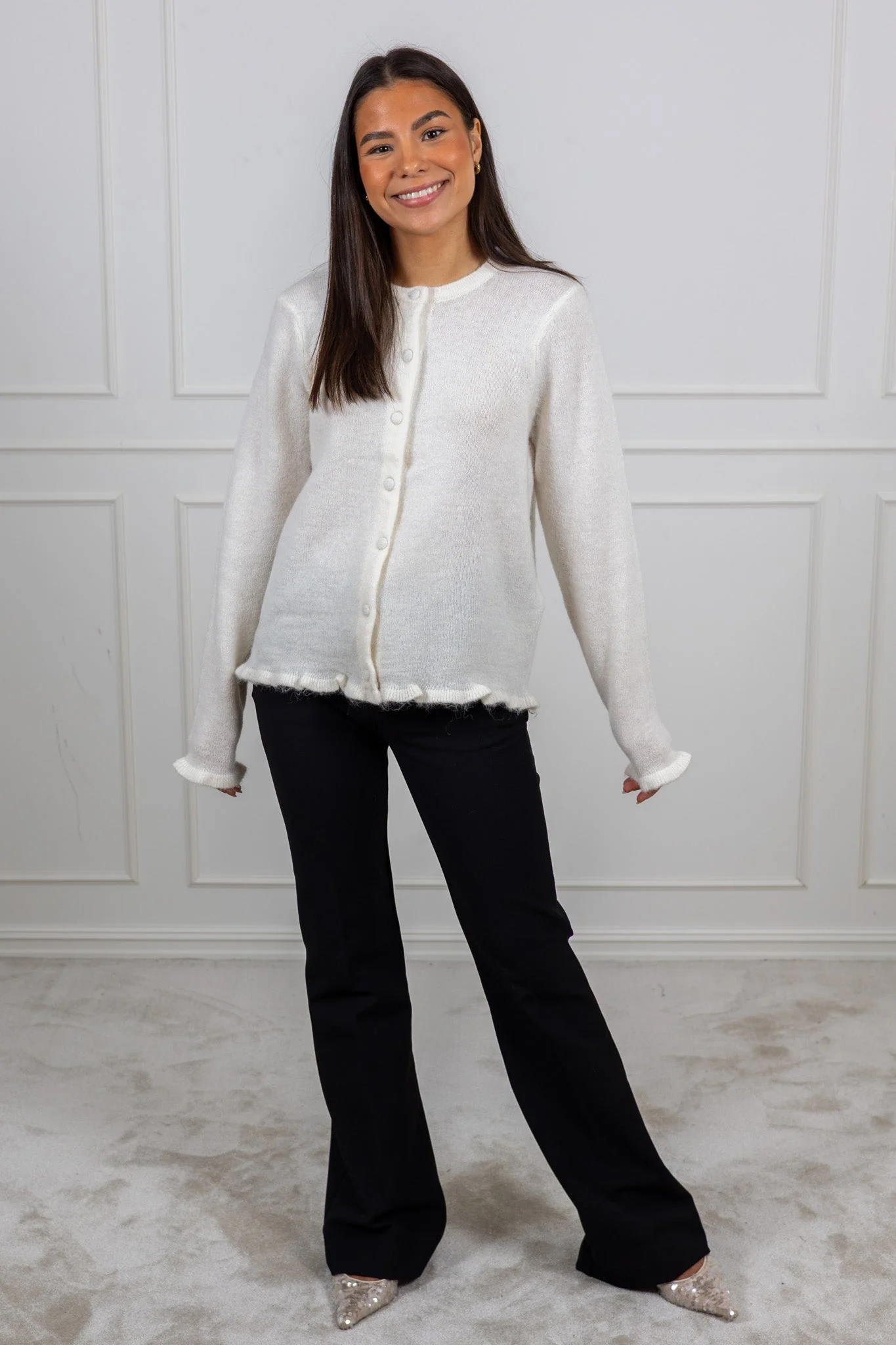 Lulu Frill Ls Knit Cardigan Snow White Melange - Image 4