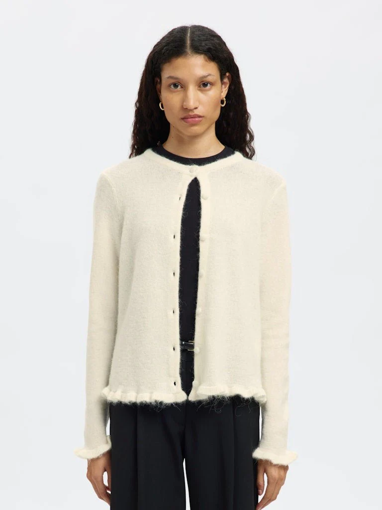 Lulu Frill Ls Knit Cardigan Snow White Melange - Image 7