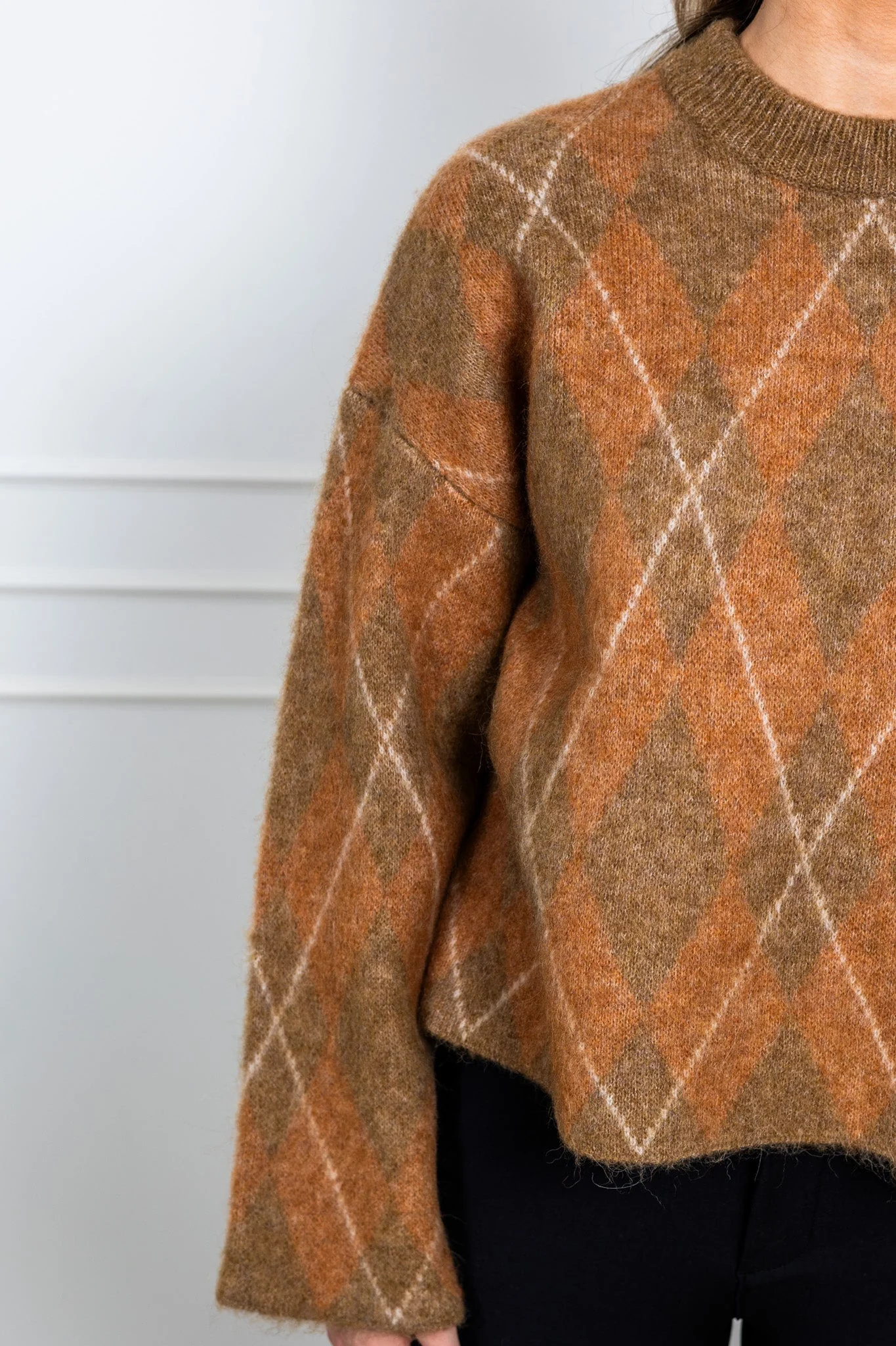 Lulu Brushed Ls Argyle Knit O-Neck Golden Brown - Image 6