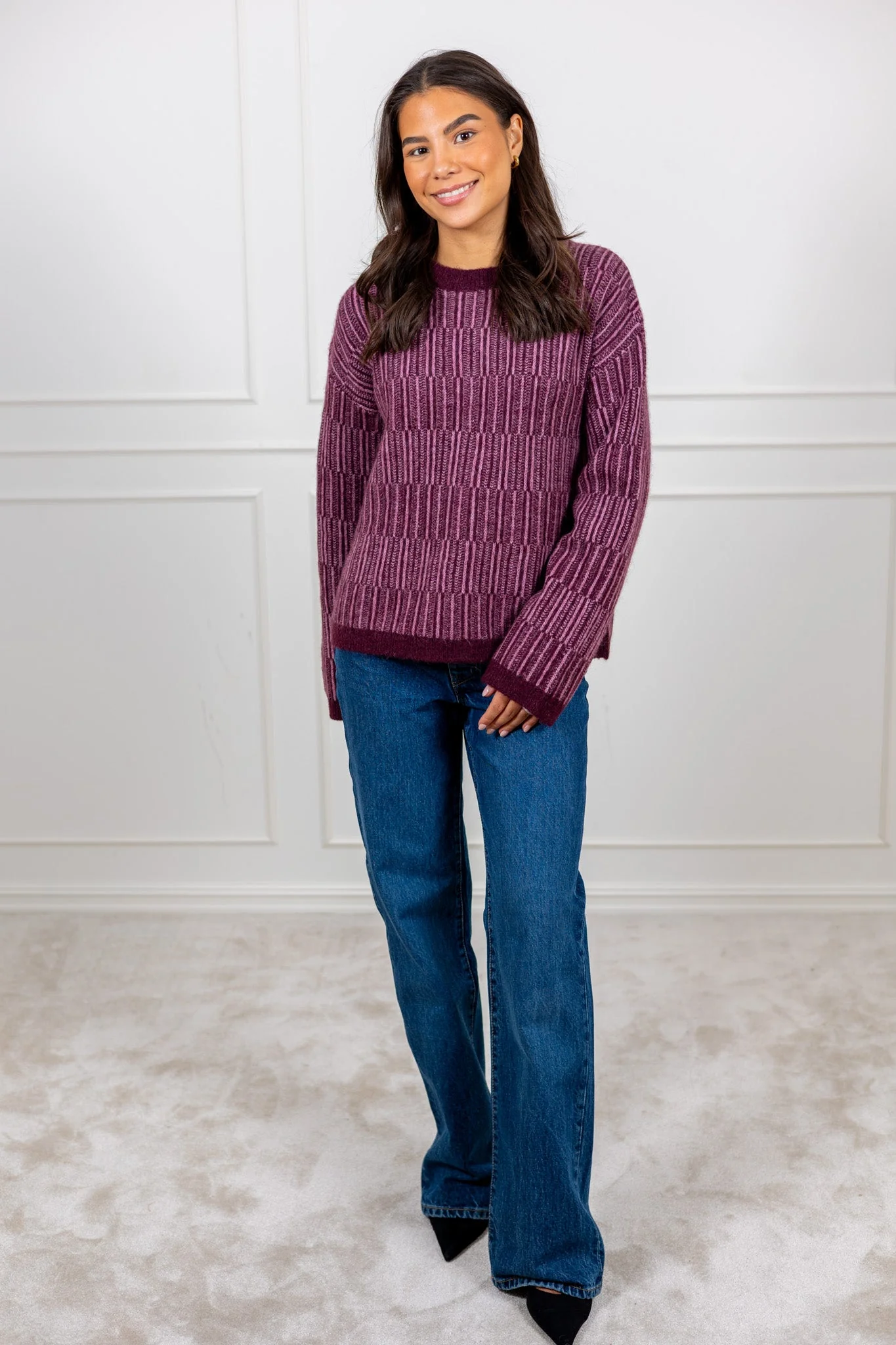 Alva Ls Knit Stripe O-Neck Fig Ligther Fig - Image 4