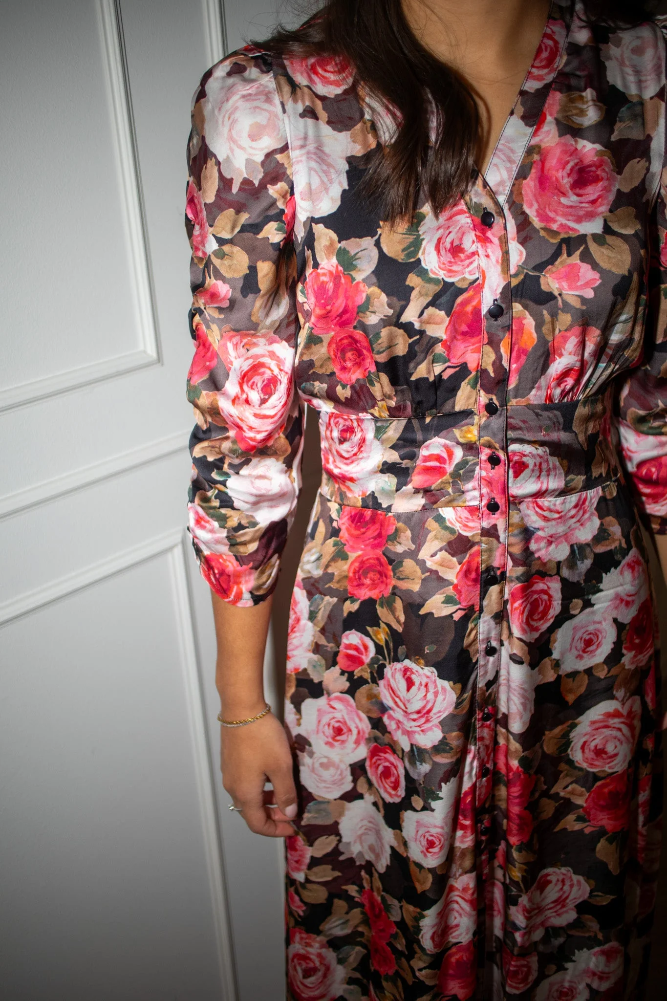 Satin Button-Down Dress Midnight Roses - Image 6