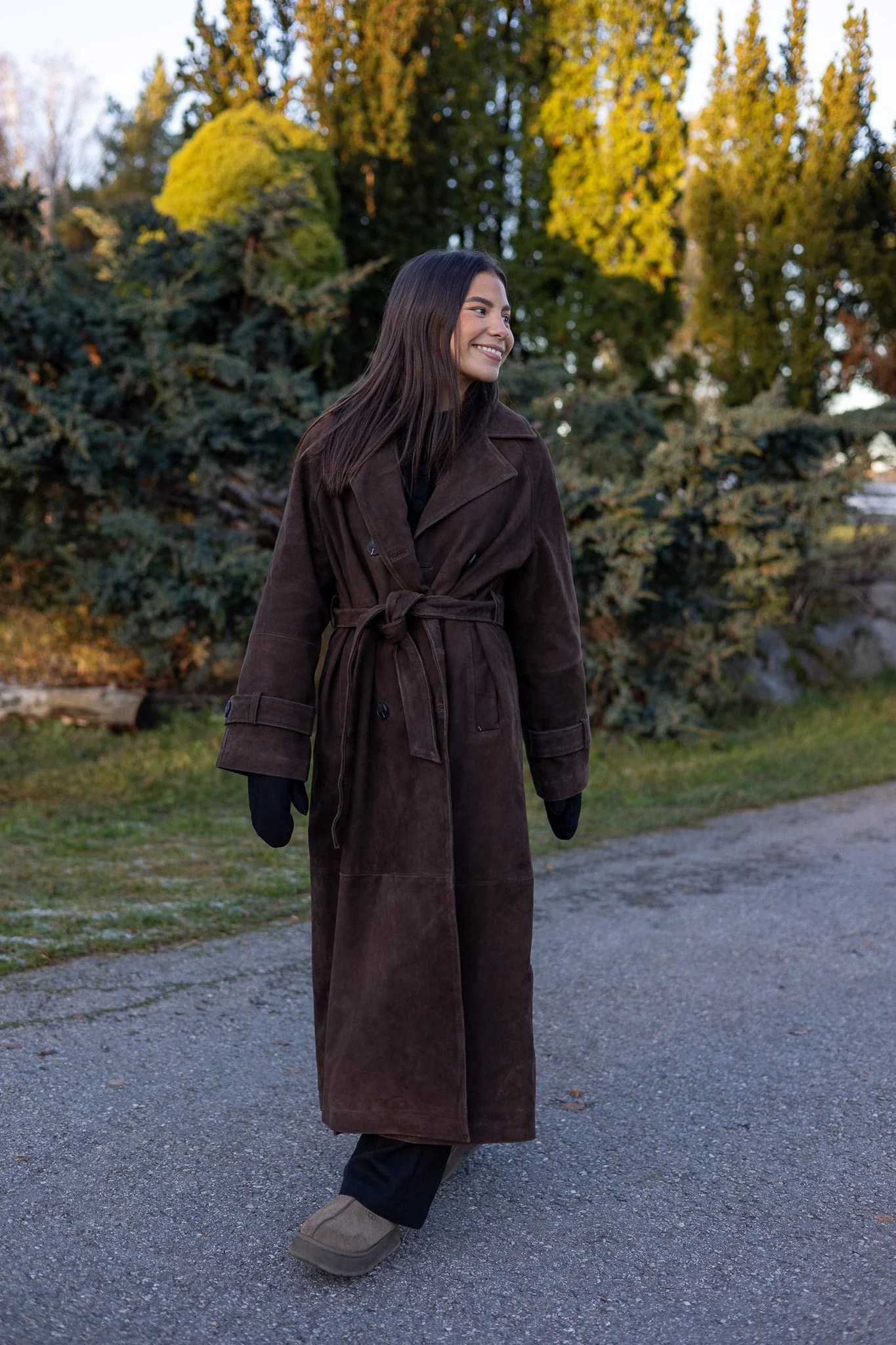Lina Ls Suede Leather Trenchcoat Seal Brown - Image 3