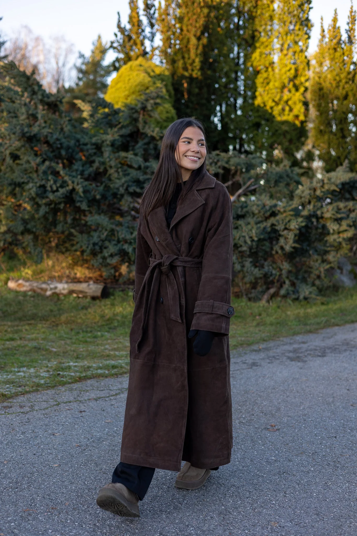 Lina Ls Suede Leather Trenchcoat Seal Brown - Image 4