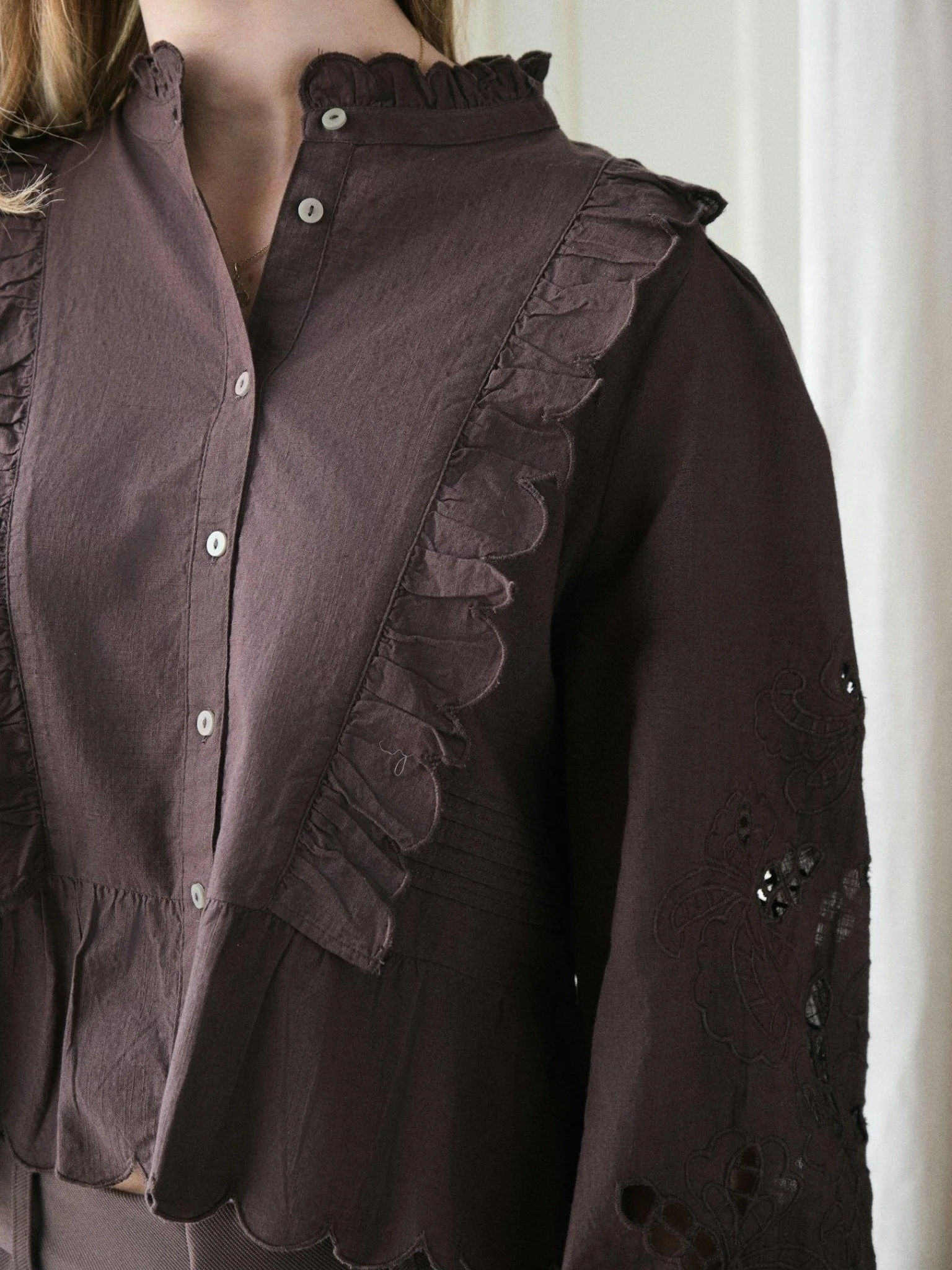 Petrine Embroidery Blouse Dark Brown - Image 13