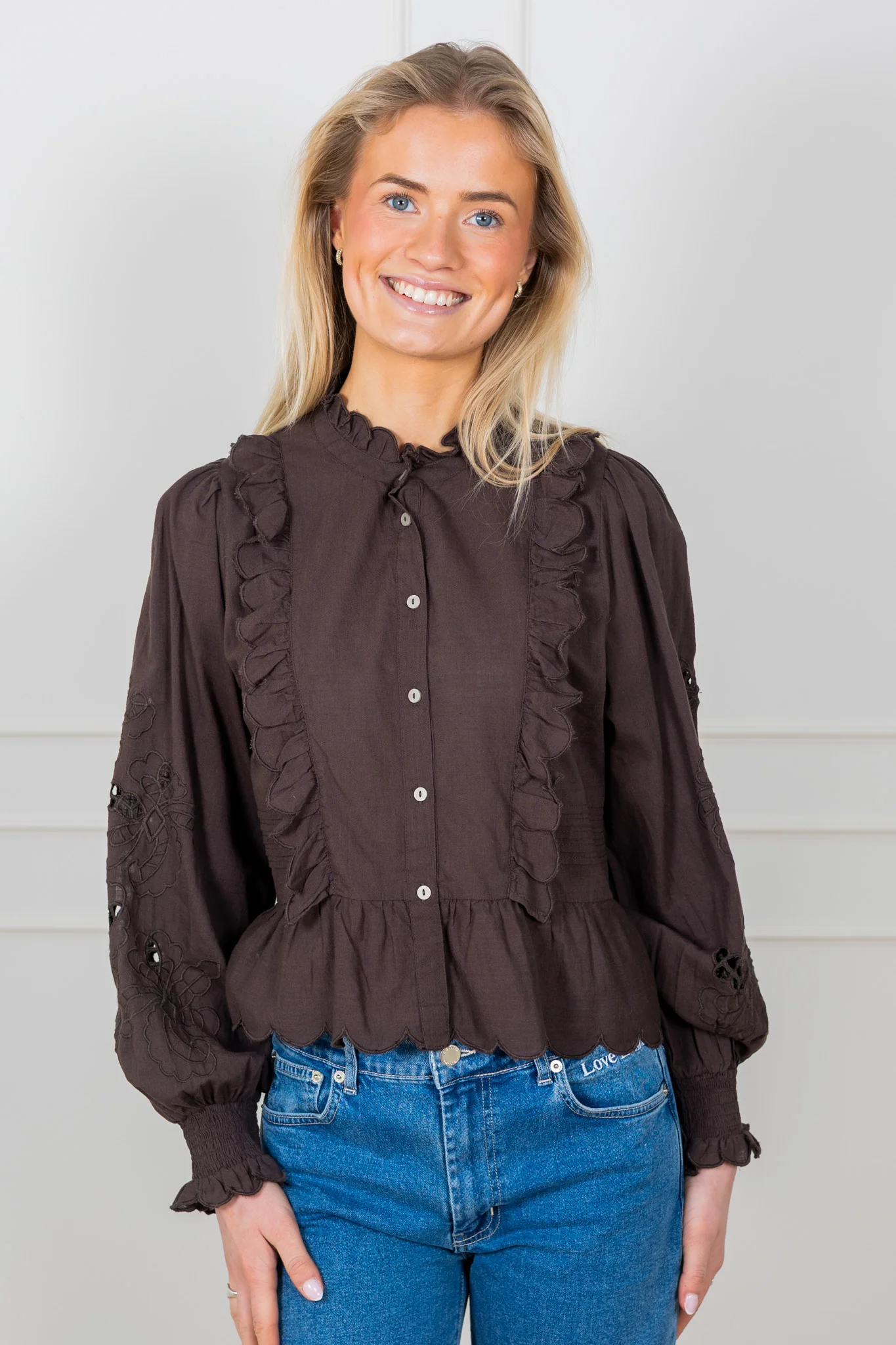 Petrine Embroidery Blouse Dark Brown - Image 3