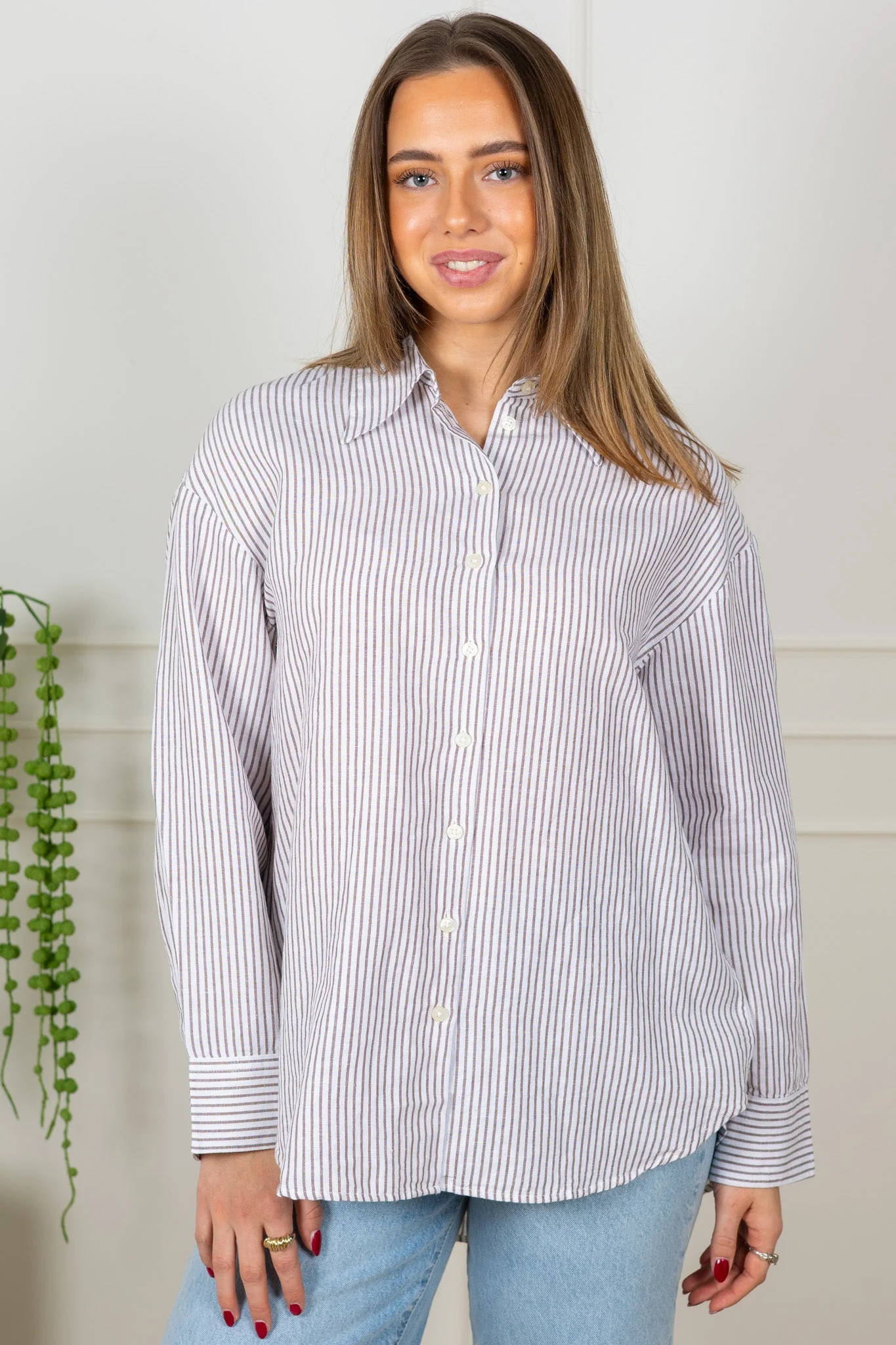 Cleo Oversize Linen Blend Shirt Bright White Chocolate Chip