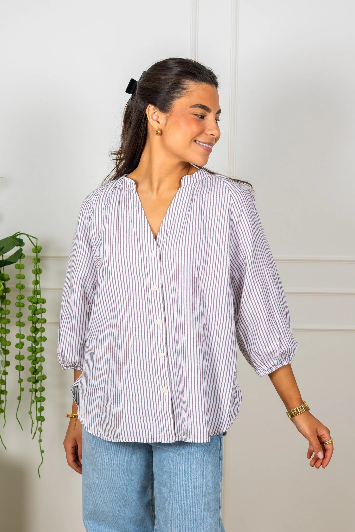 Cleo-Alberta Linen Blend Shirt Bright White Chocolate Chip - Image 4