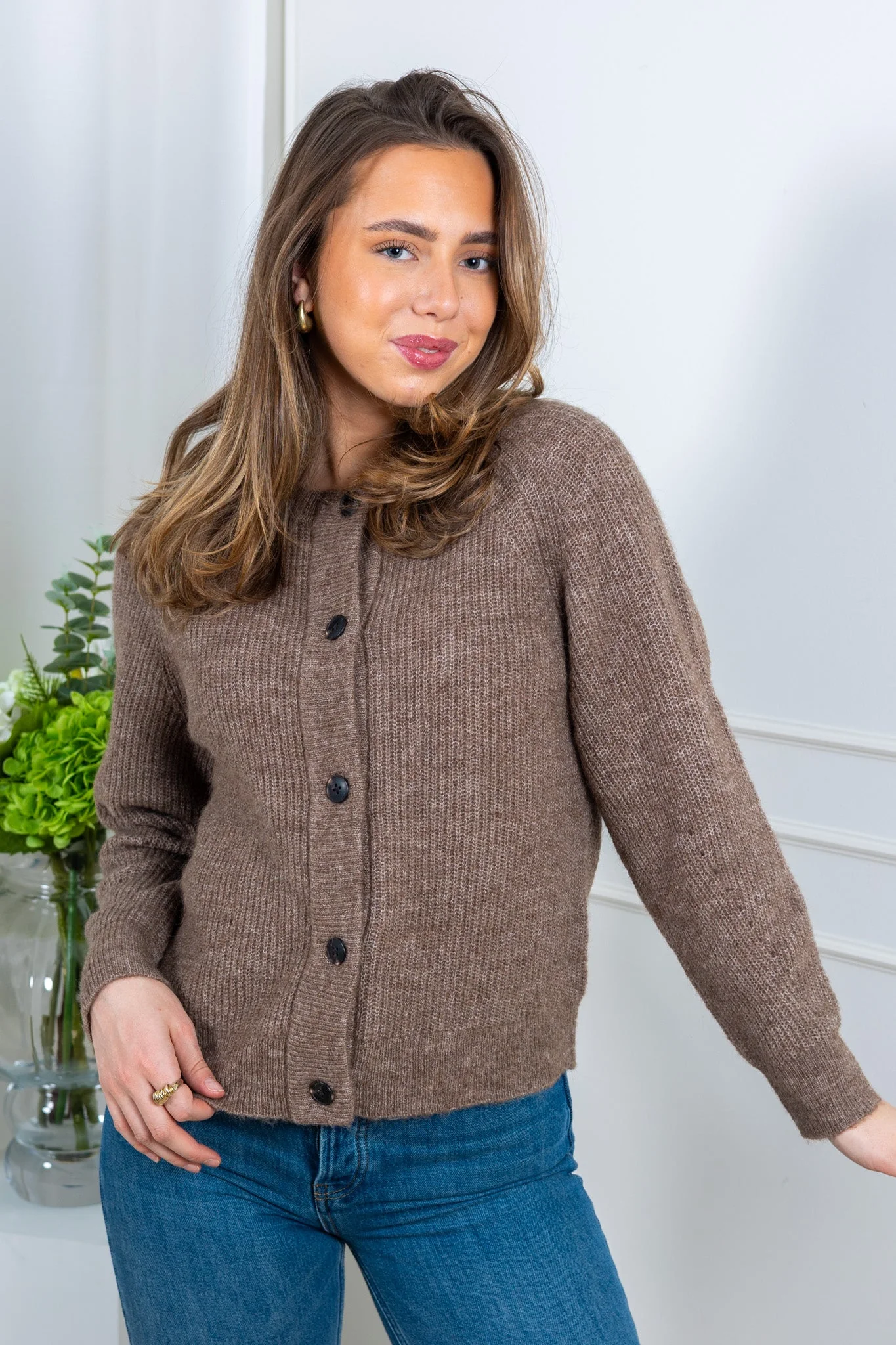 Lulu Ls Knit Short Cardigan Chocolate Chip Melange - Image 3