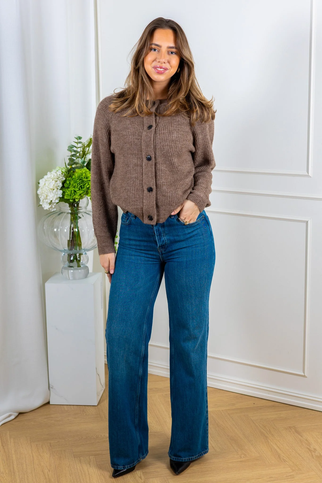 Lulu Ls Knit Short Cardigan Chocolate Chip Melange - Image 4