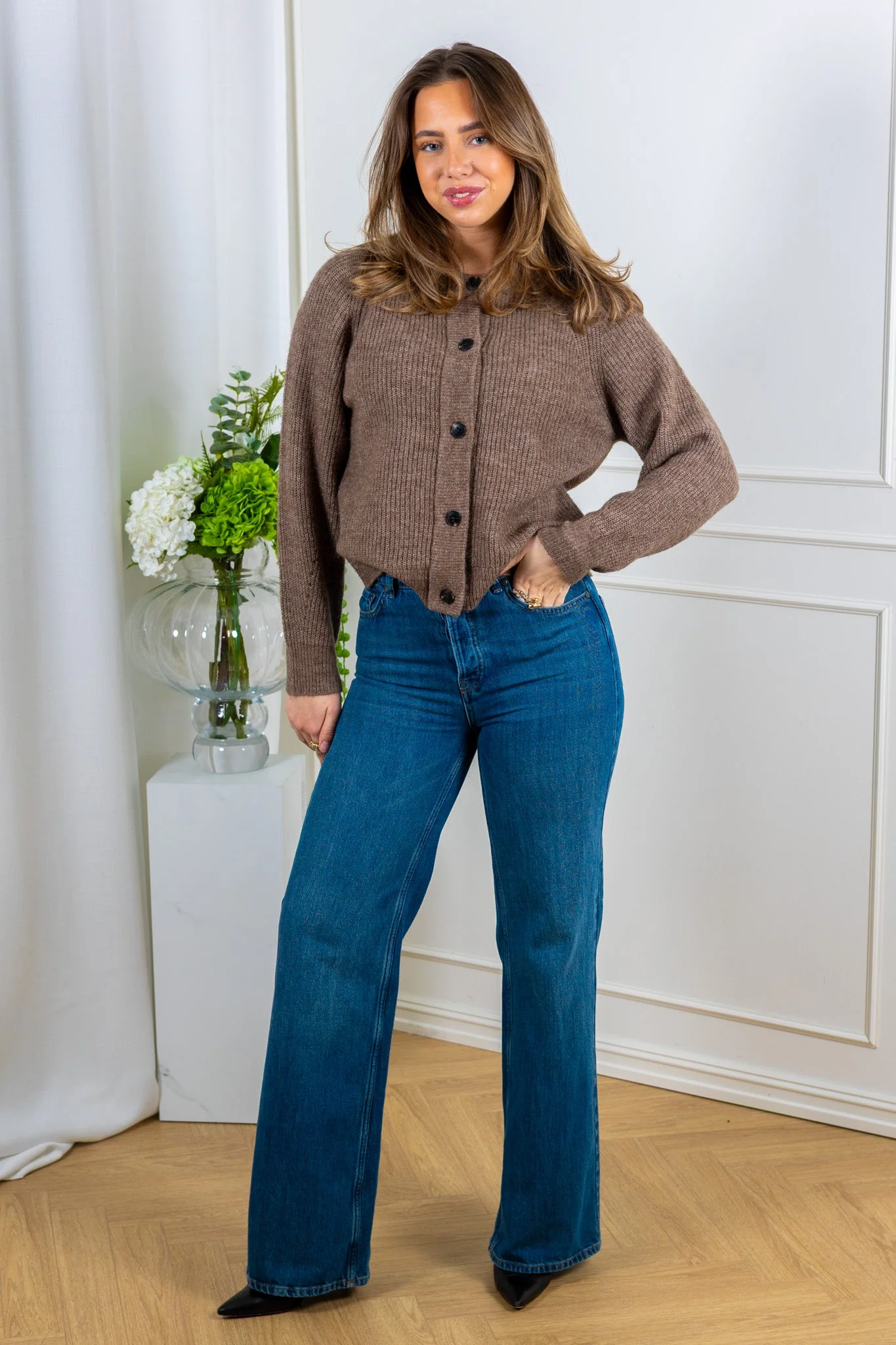 Lulu Ls Knit Short Cardigan Chocolate Chip Melange - Image 5