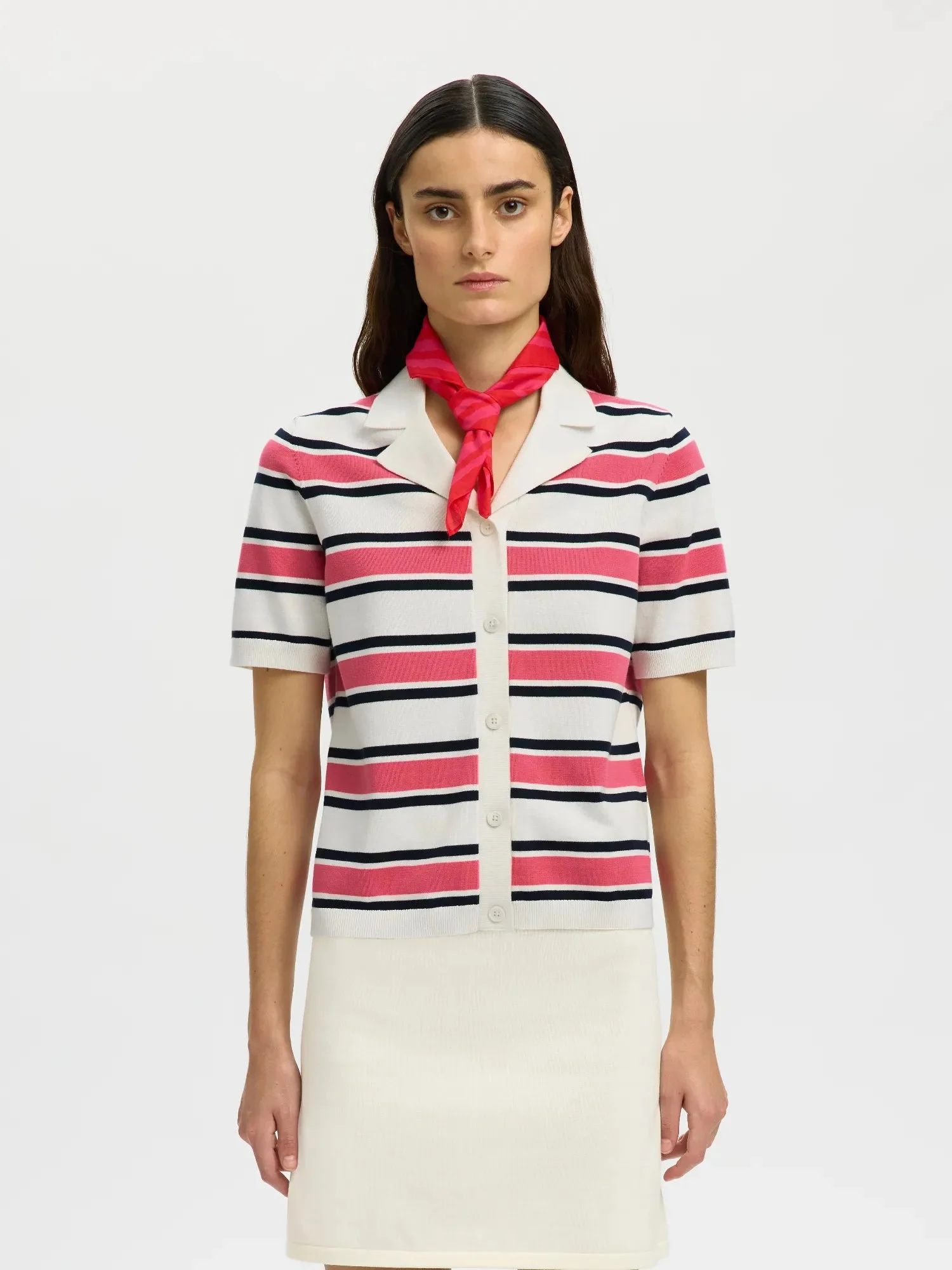 Amour Ss Knit Polo Cardigan Egret Hot Pink And Sky Captain - Image 3