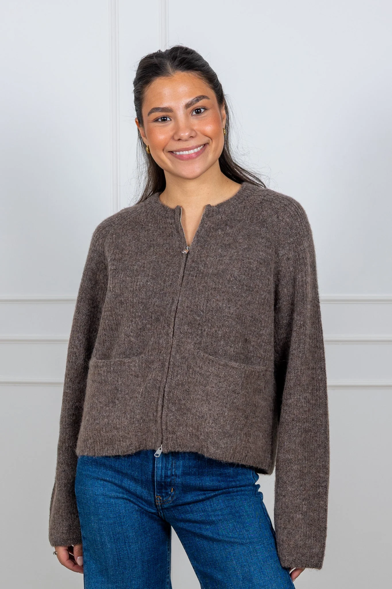 Sia Ras Ls Knit Short Cardigan Chocolate Chip