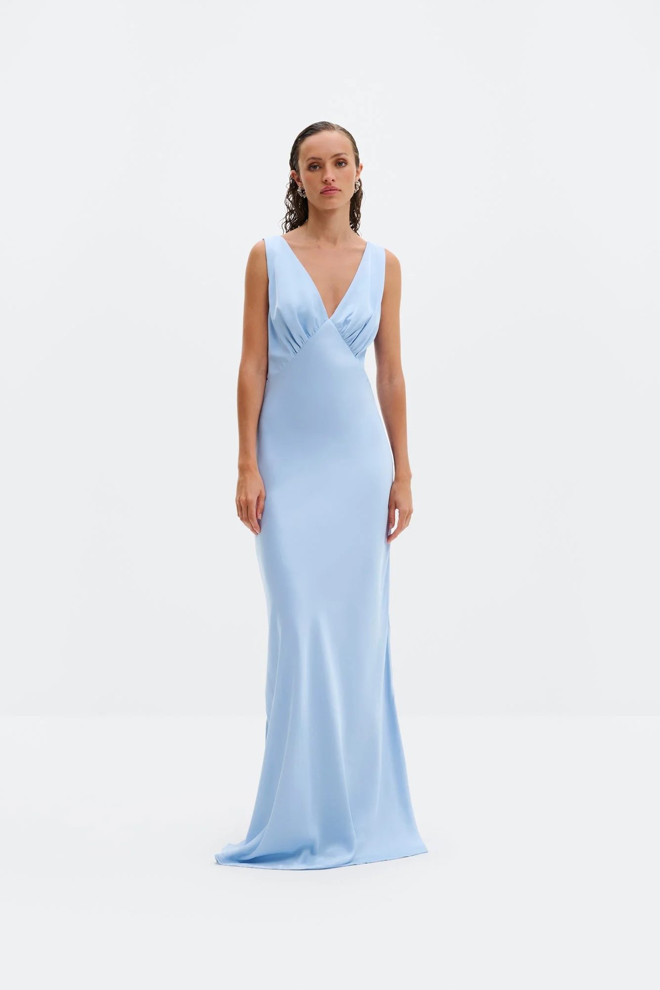 Thelma Open Back Satin Maxi Dress Dusty Blue