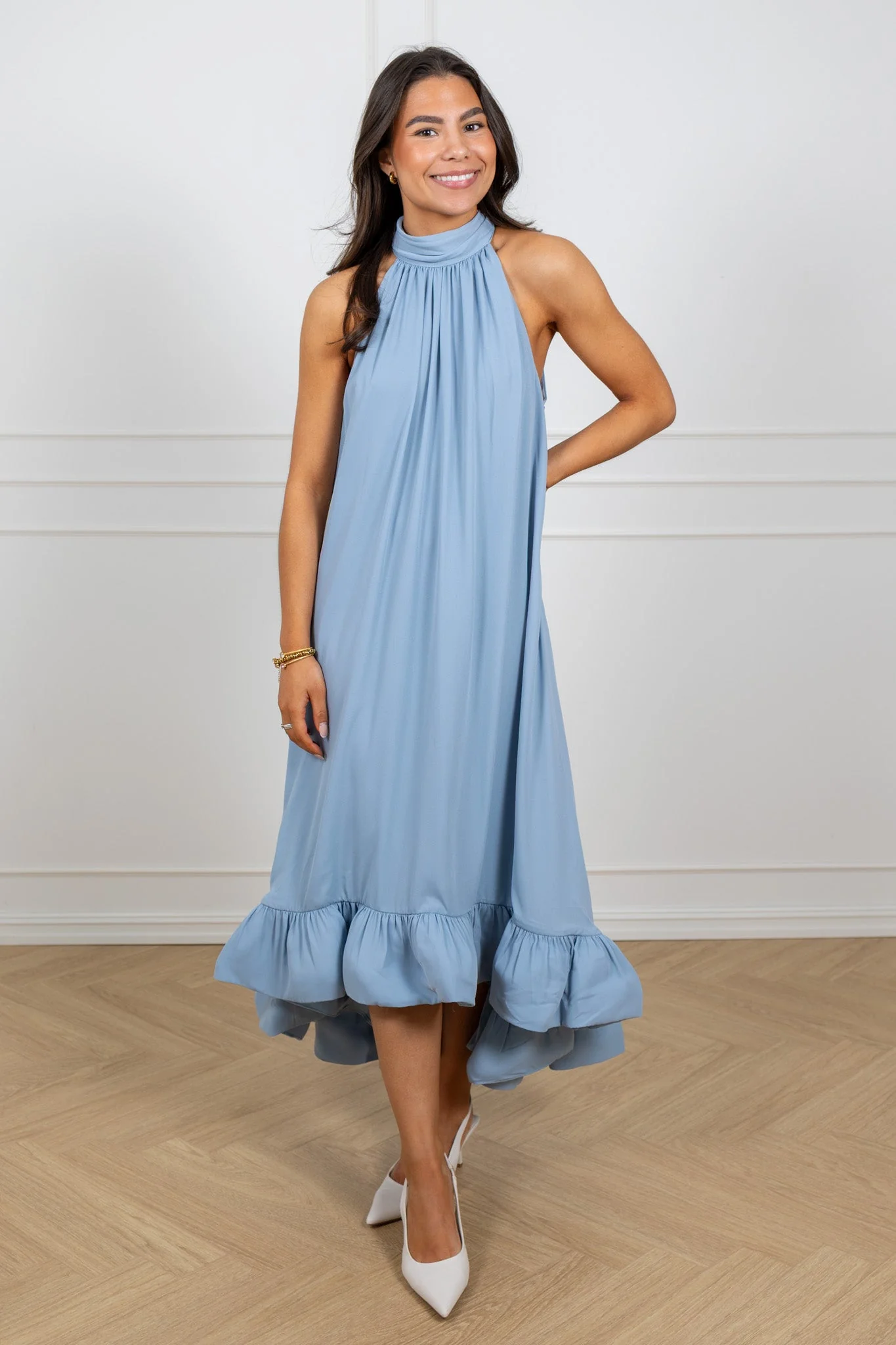 Sabrina Halterneck Ruffled Midi Dress Sky