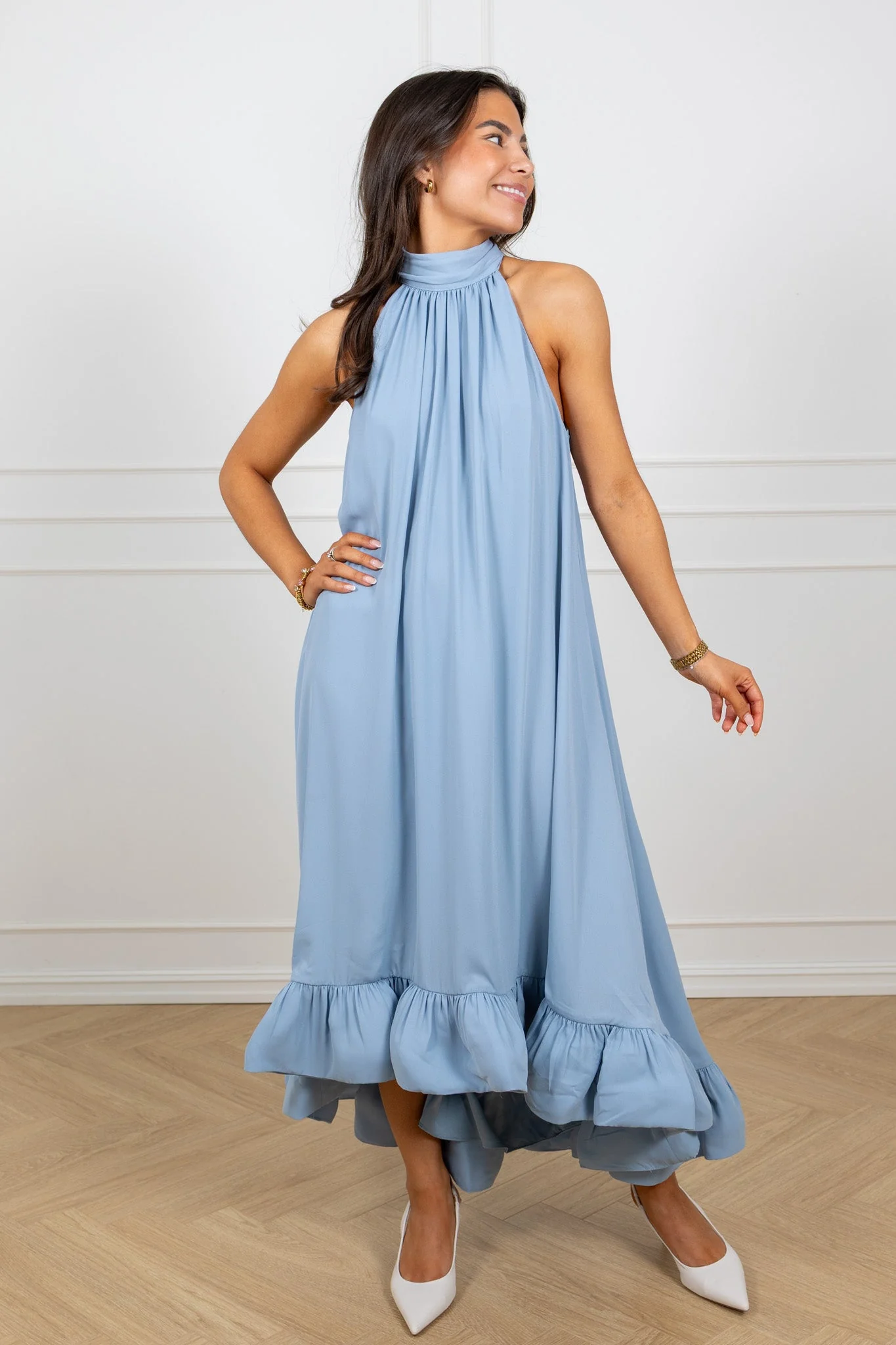 Sabrina Halterneck Ruffled Midi Dress Sky - Image 4