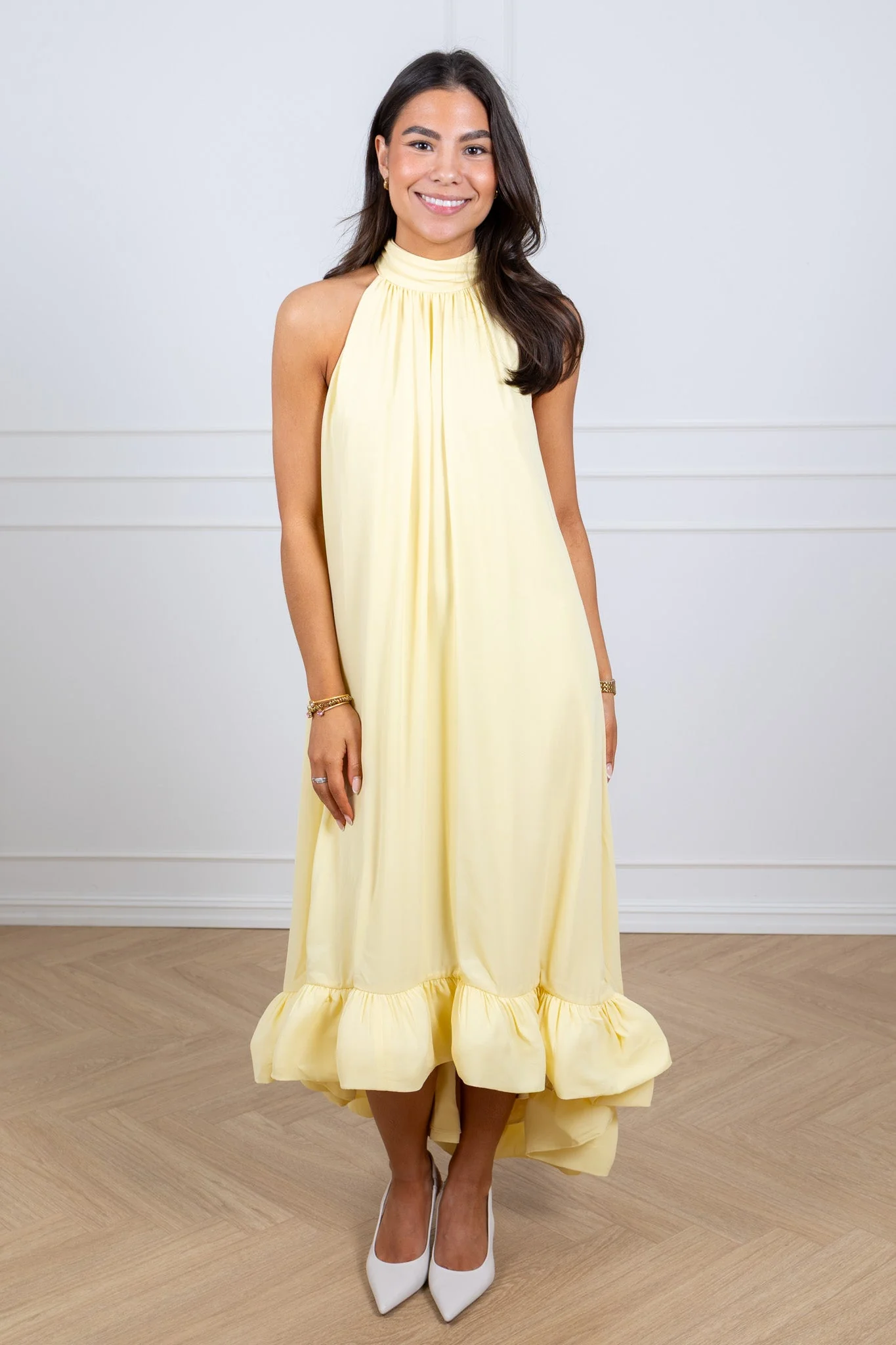 Sabrina Halterneck Ruffled Midi Dress Light Lemon