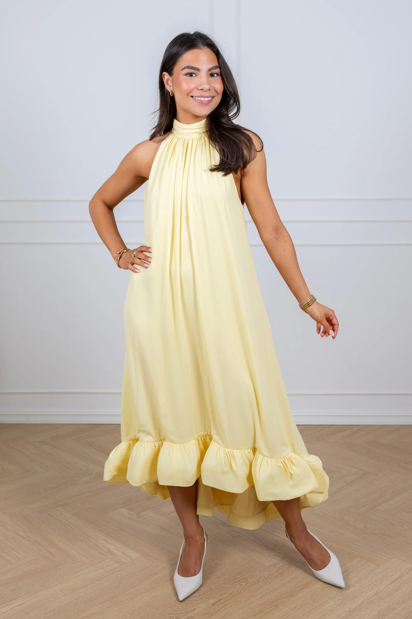 Sabrina Halterneck Ruffled Midi Dress Light Lemon - Image 3
