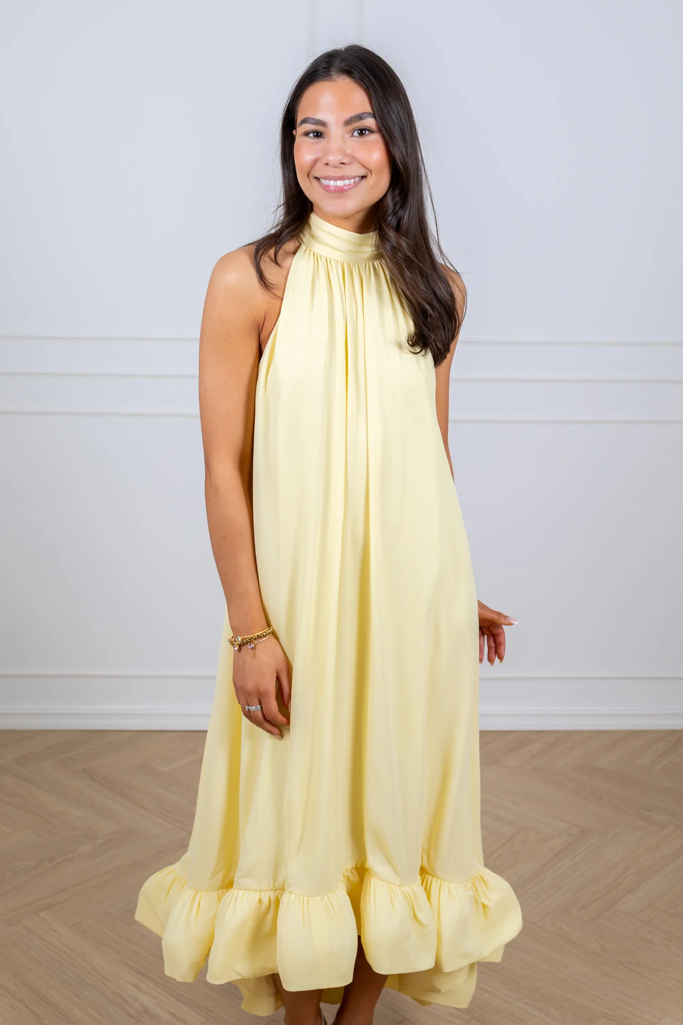 Sabrina Halterneck Ruffled Midi Dress Light Lemon - Image 4