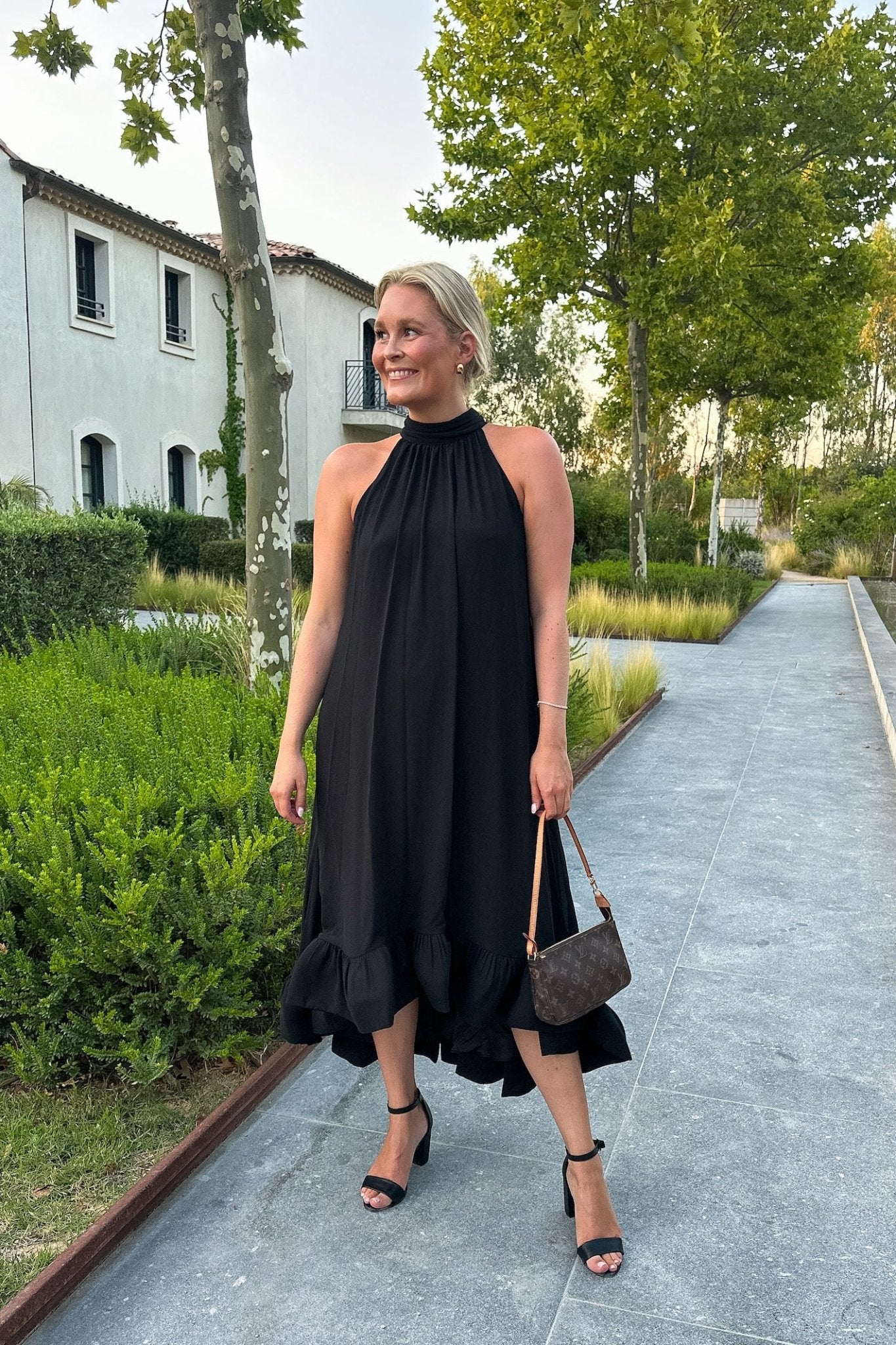 Sabrina Halterneck Ruffled Midi Dress Black