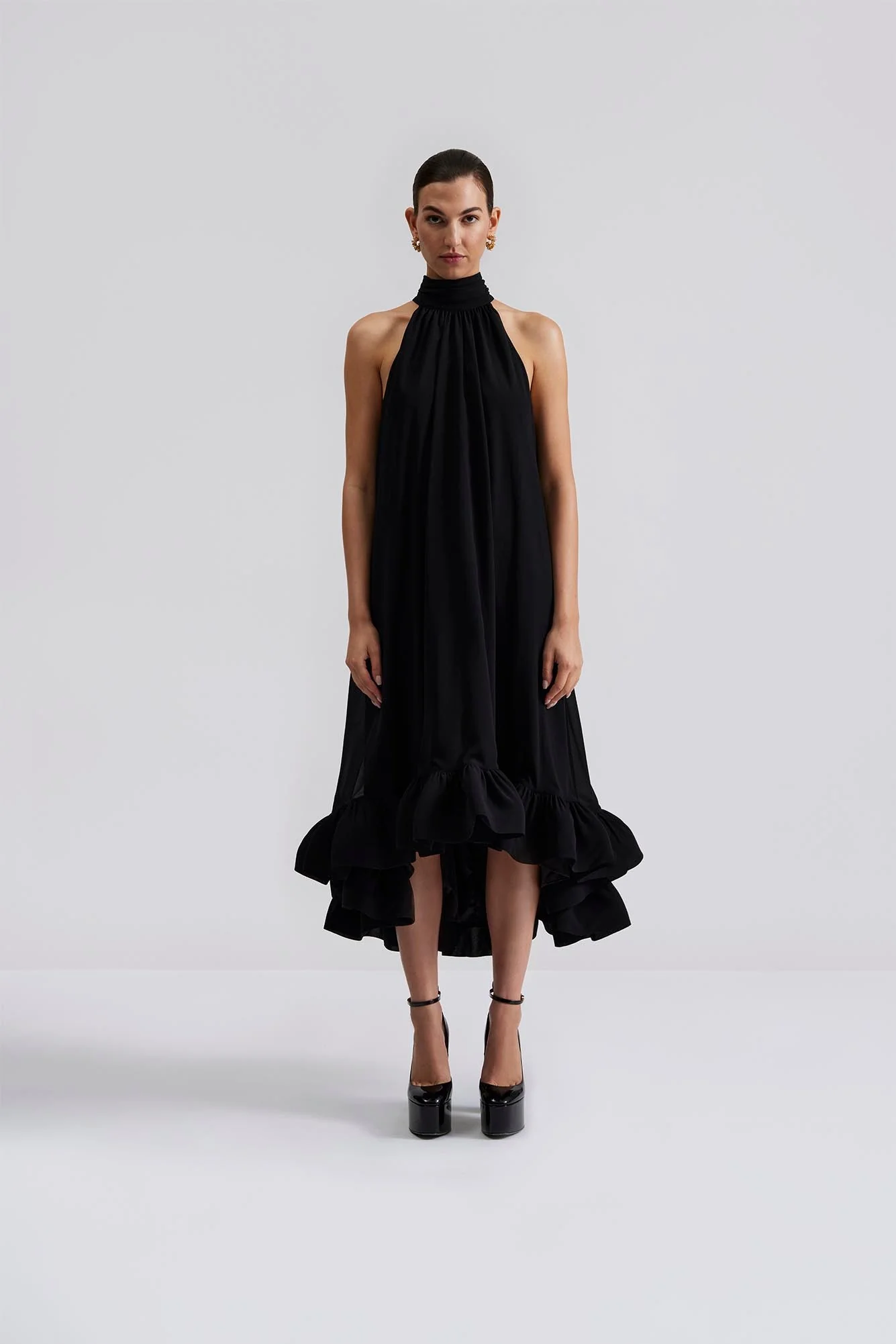 Sabrina Halterneck Ruffled Midi Dress Black - Image 4