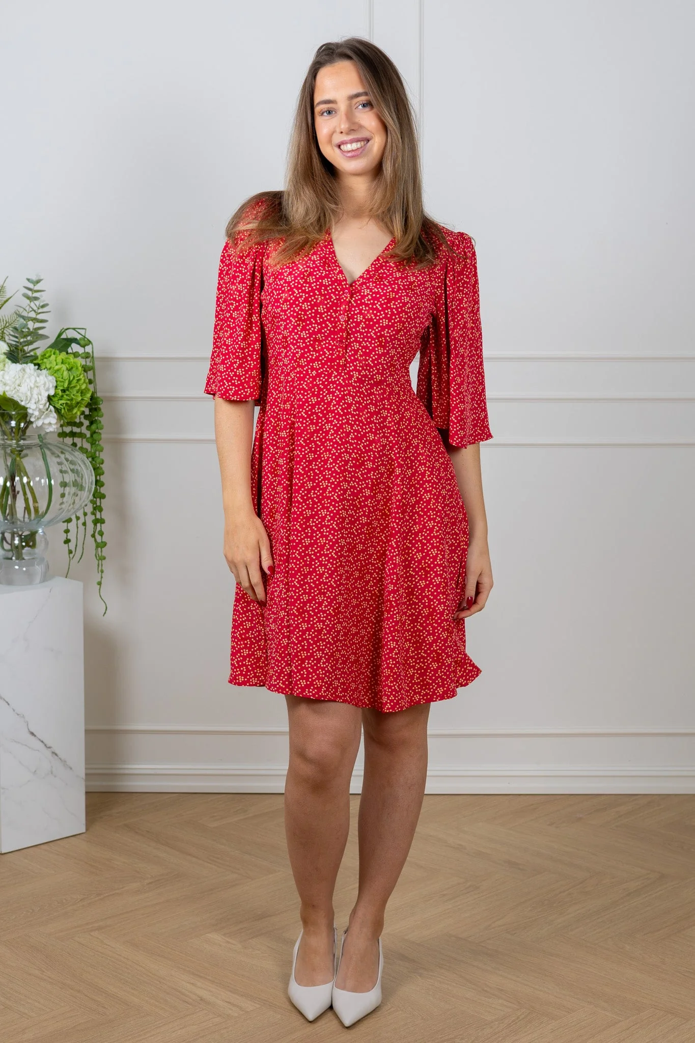 Spring V-Neck Dress Red Dots - Image 2