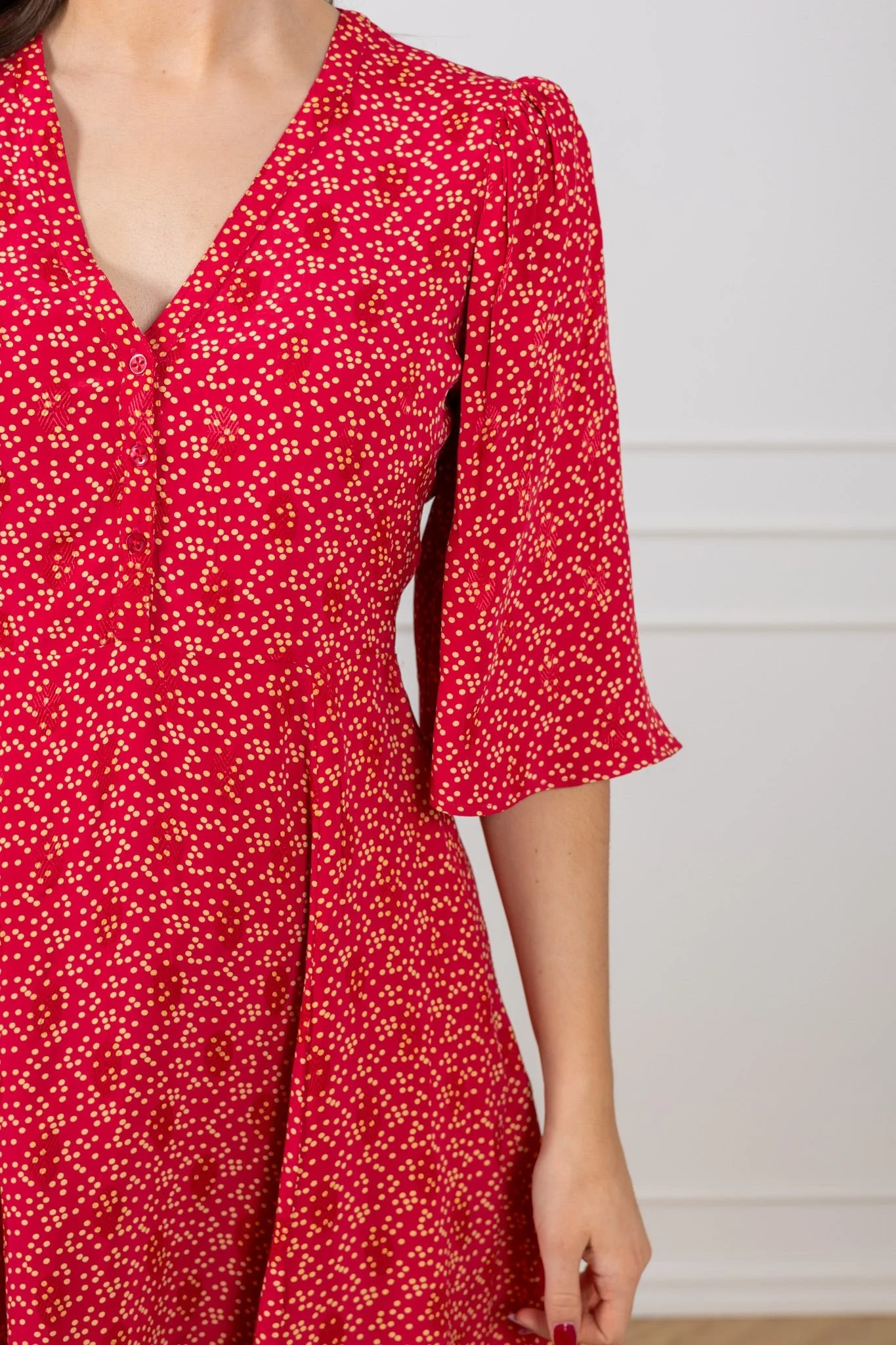Spring V-Neck Dress Red Dots - Image 6