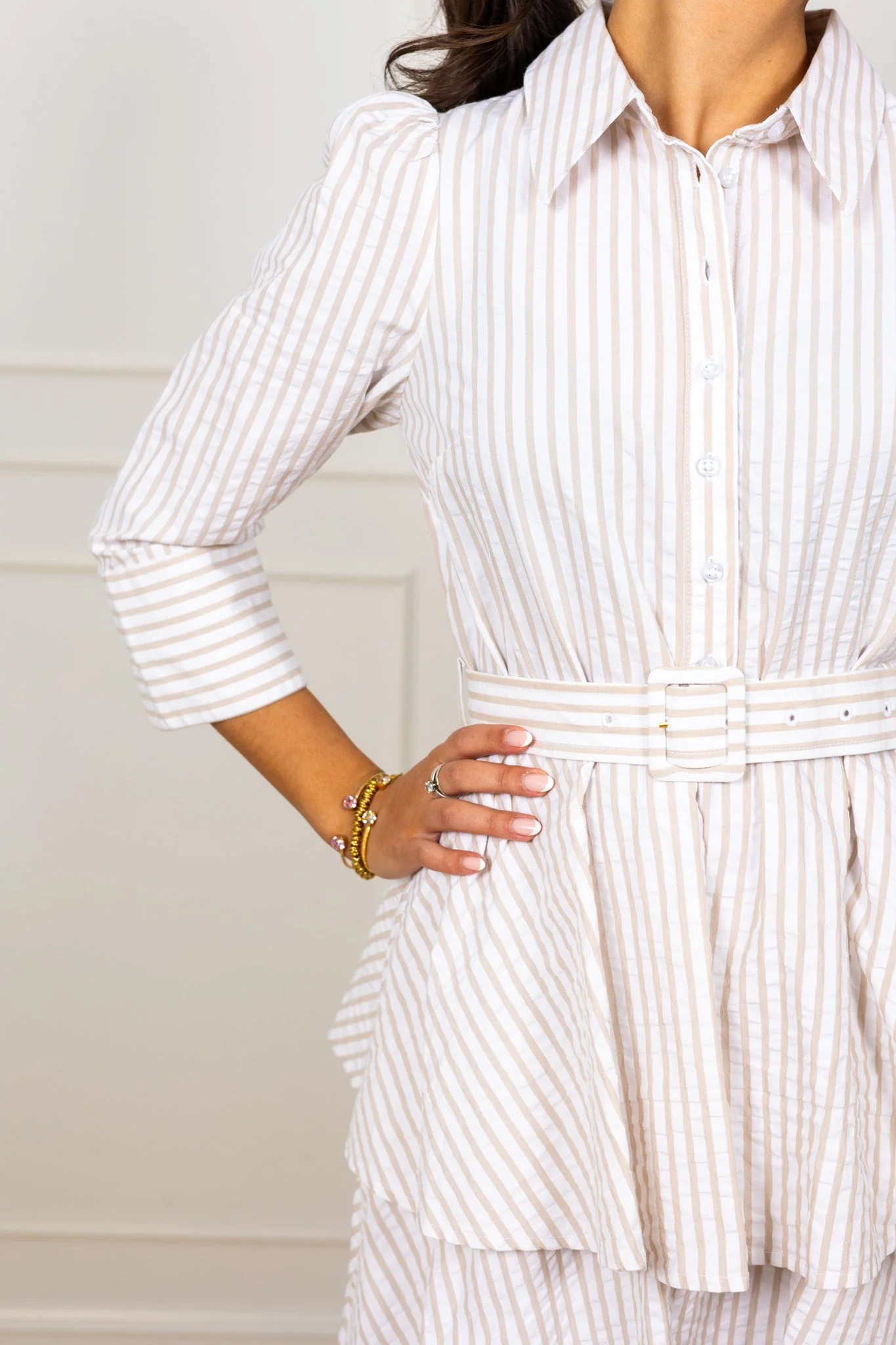 Seersucker Flounce Dress Khaki Stripe - Image 8