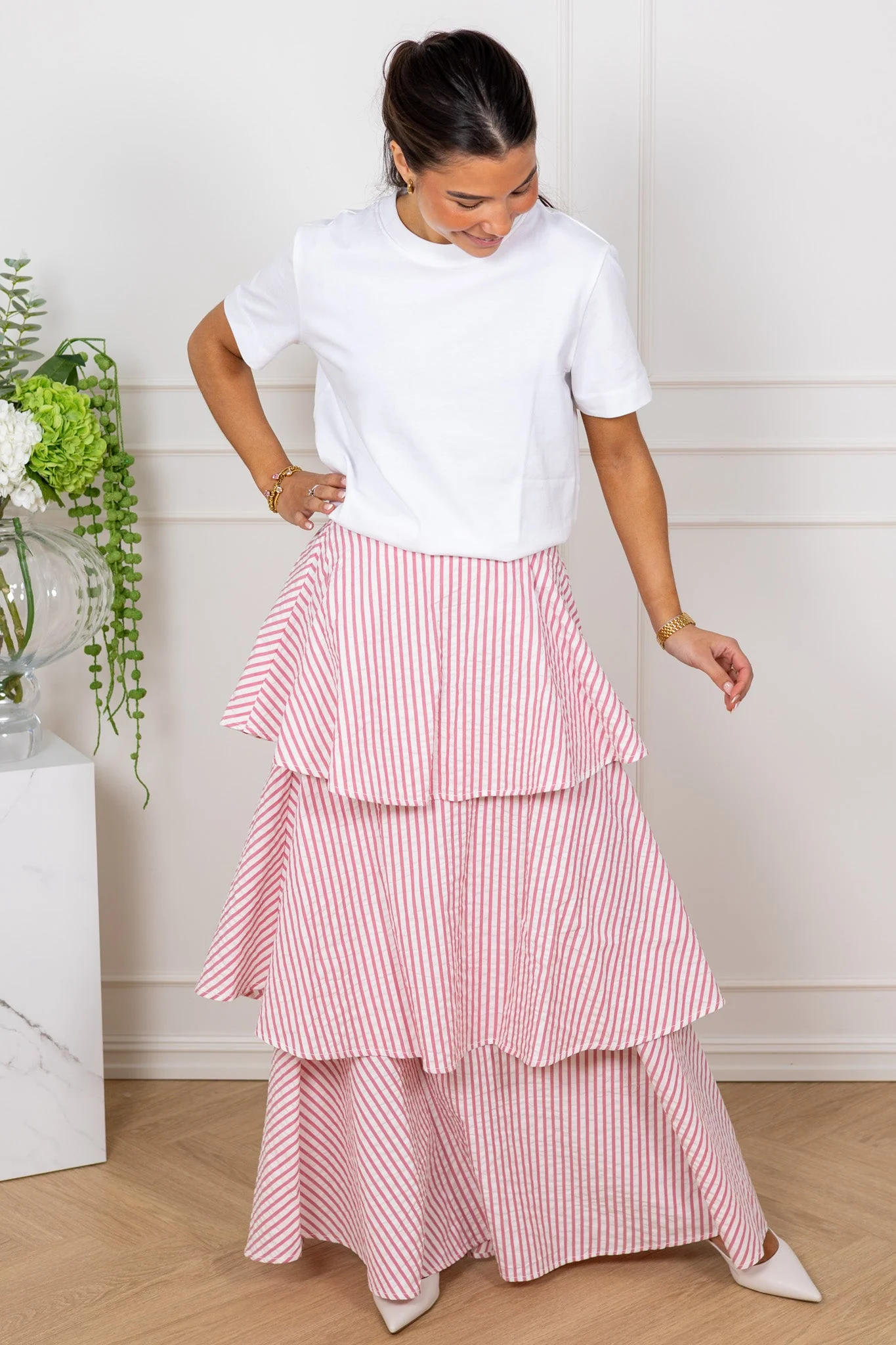 Seersucker Flounce Skirt Pink Stripe - Image 3