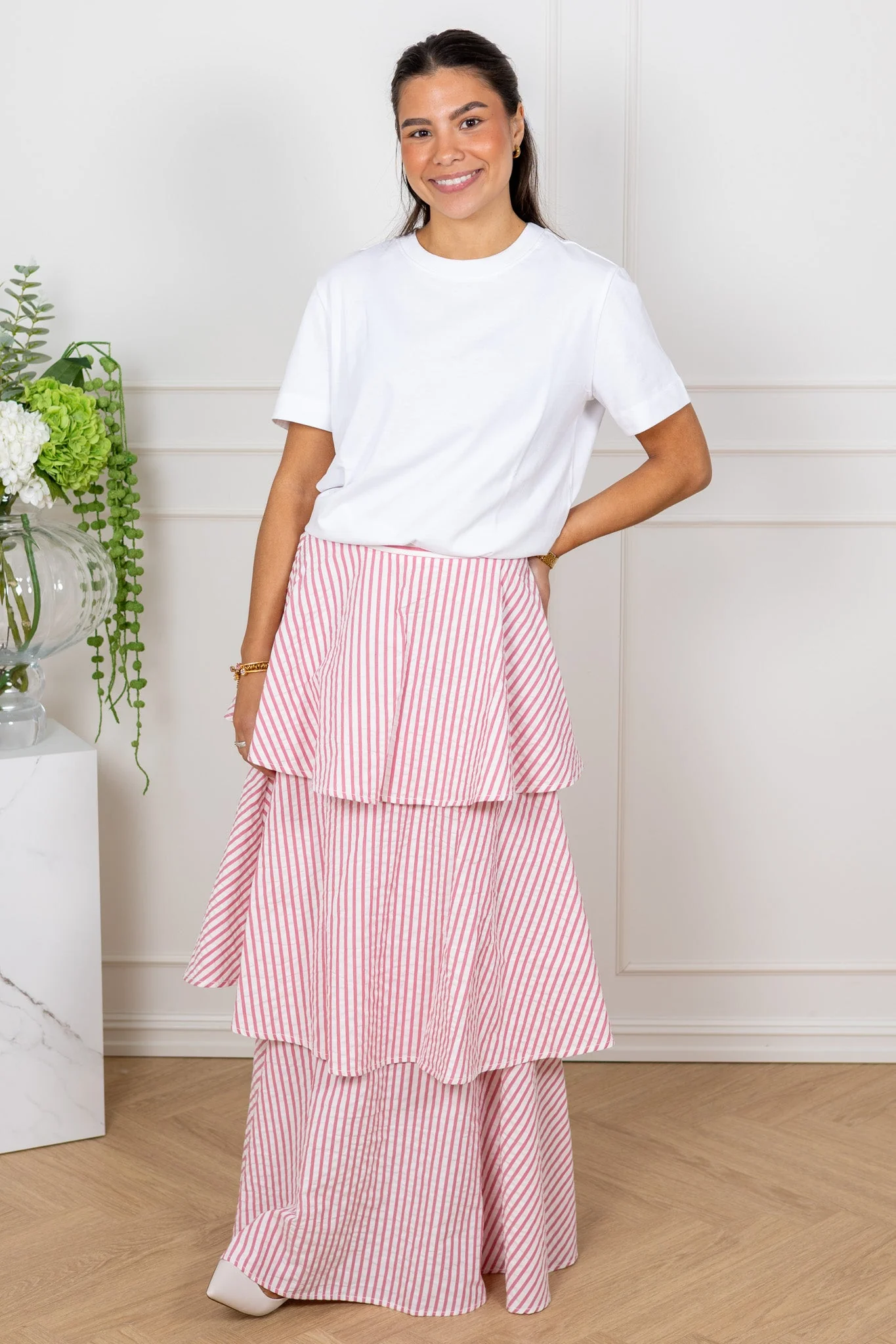 Seersucker Flounce Skirt Pink Stripe - Image 4