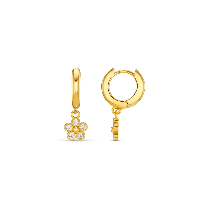 Crystal Flower Drop Huggie Hoop Earrings Pale Gold