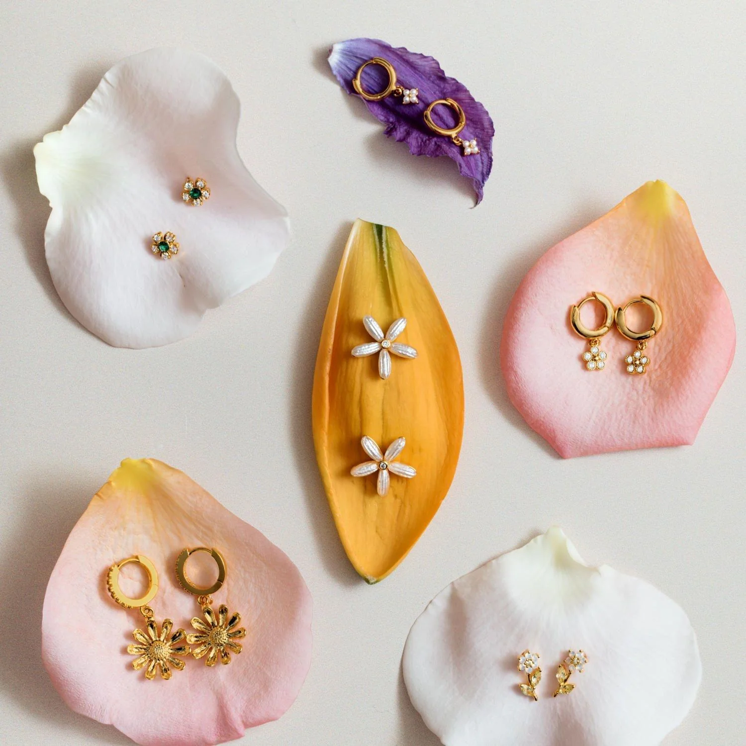 Crystal Flower Drop Huggie Hoop Earrings Pale Gold - Image 2