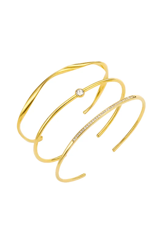 Fine Crystal & Wave Bangle Stacking Set Pale Gold