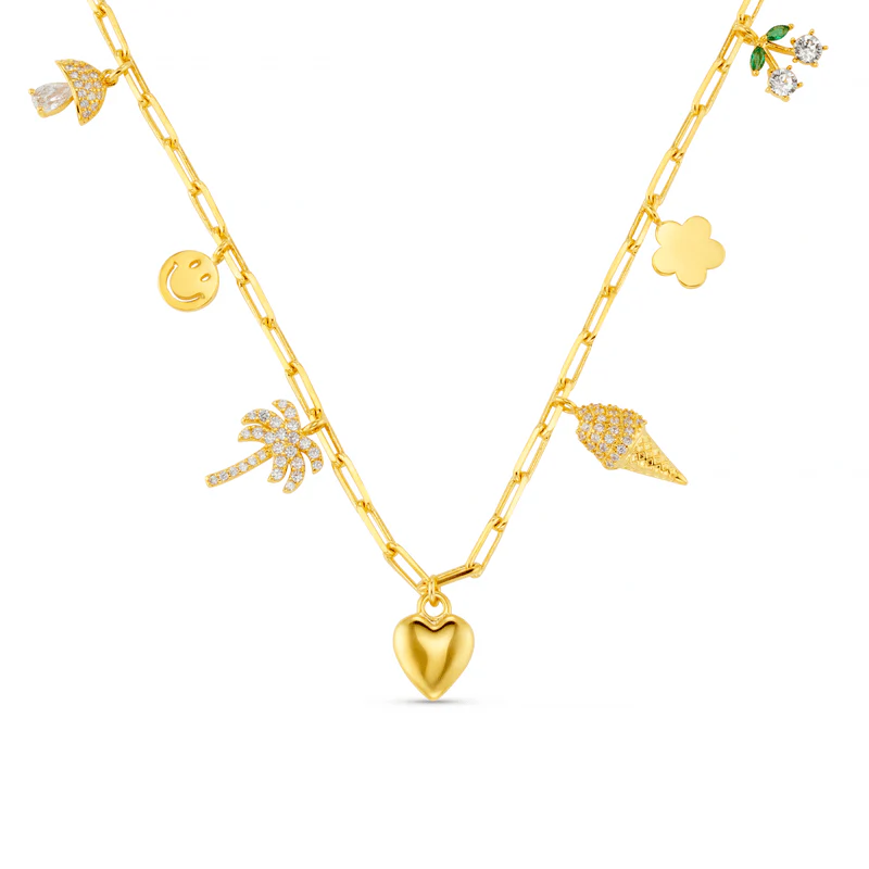 Mixed Eclectic Pave Charm Necklace Pale Gold - Image 2