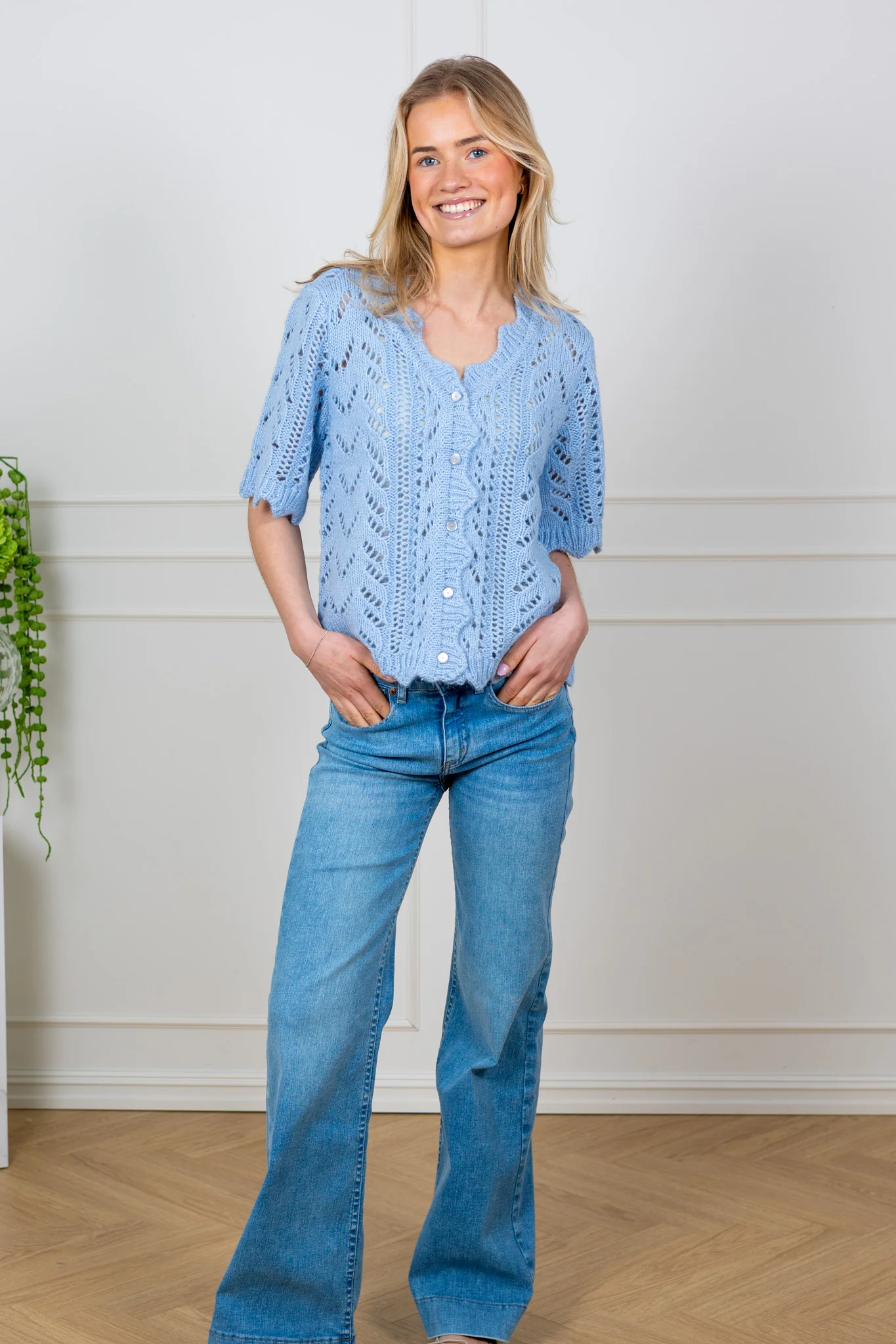 Vienna Ss Knit Cardigan Skyway W. White Melange - Image 5