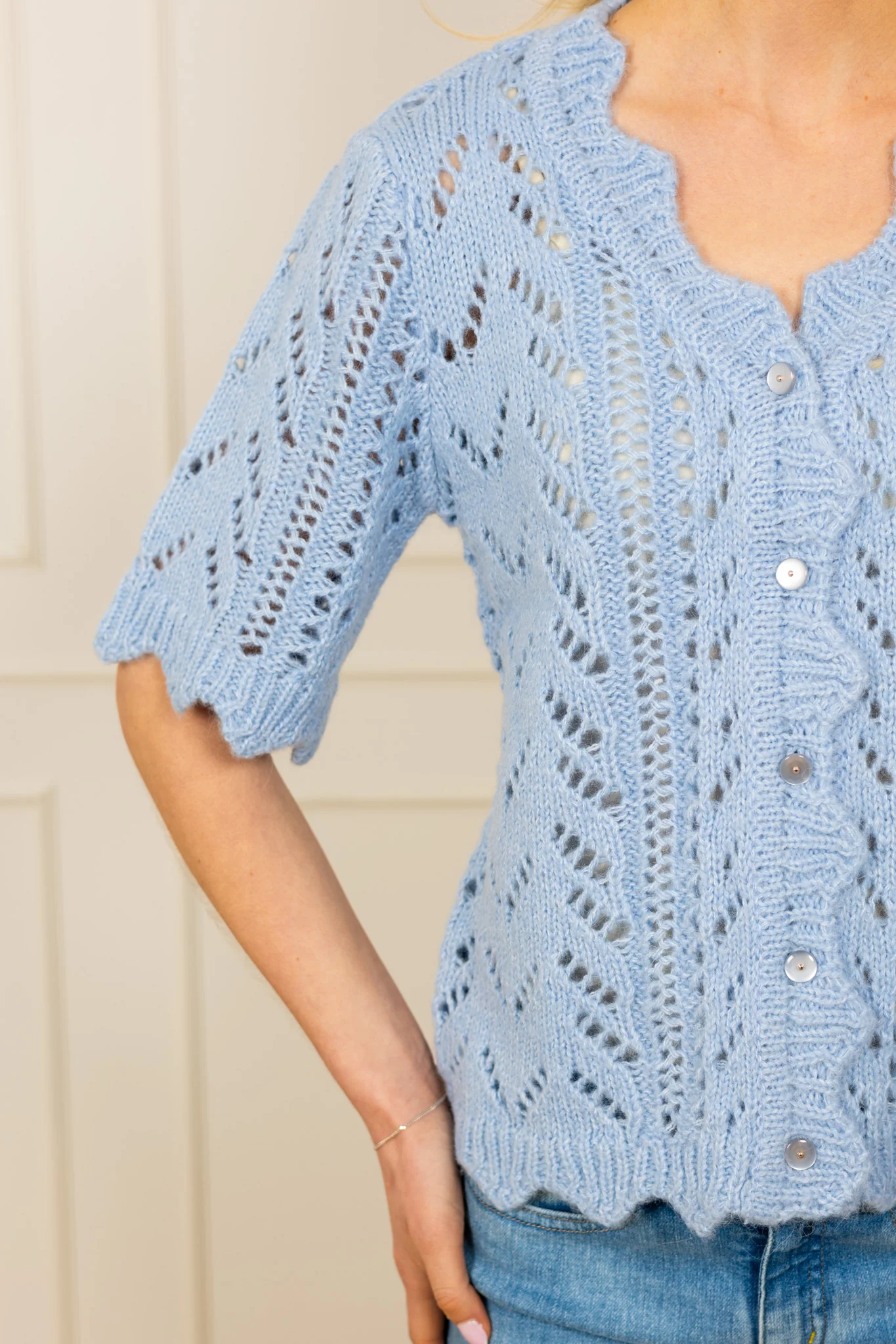 Vienna Ss Knit Cardigan Skyway W. White Melange - Image 8
