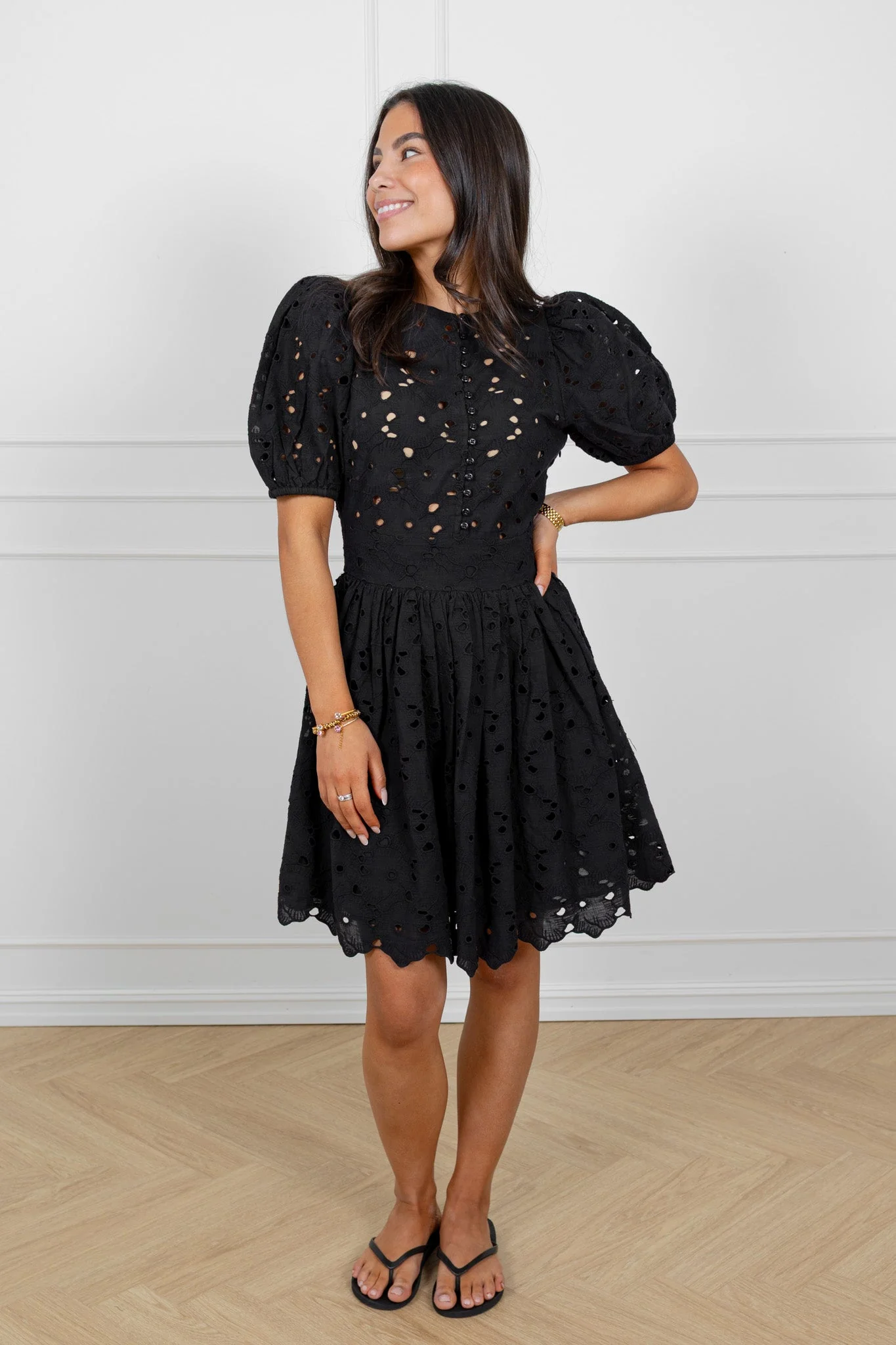 Broderie Anglaise Puffed Dress Black - Image 3