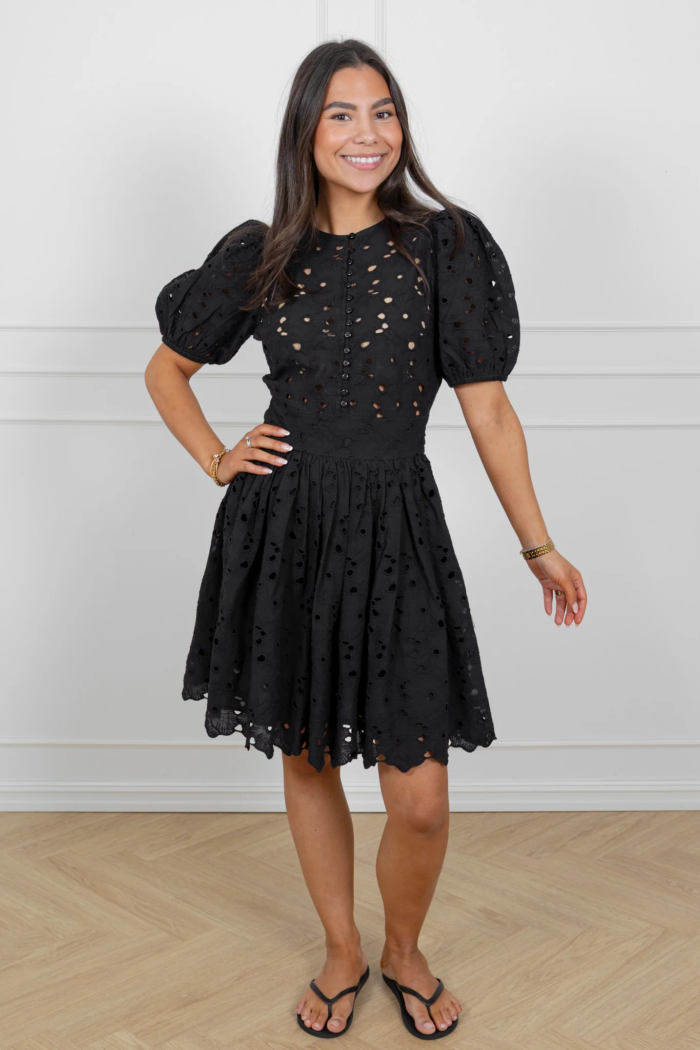 Broderie Anglaise Puffed Dress Black - Image 4