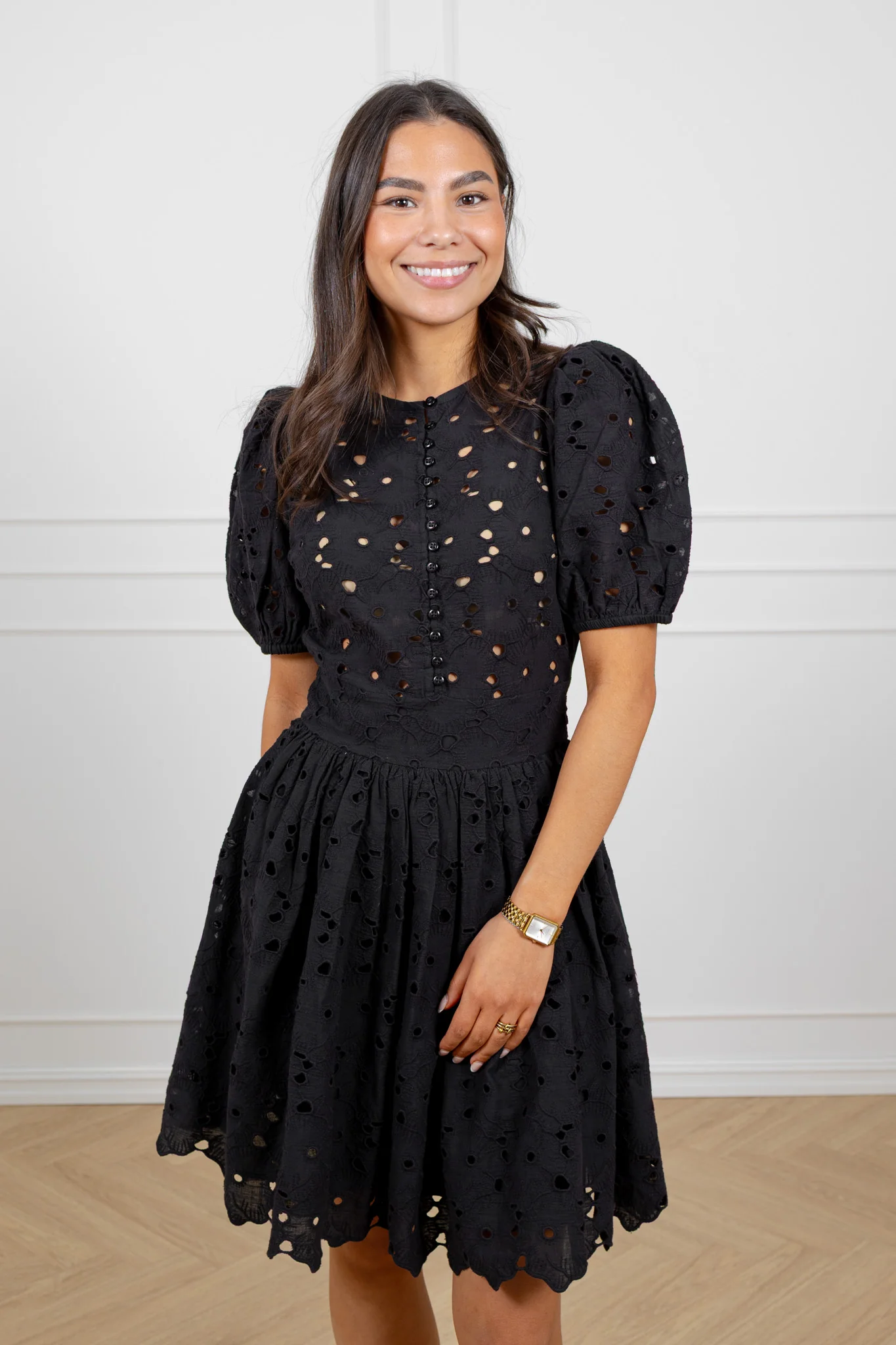 Broderie Anglaise Puffed Dress Black - Image 5